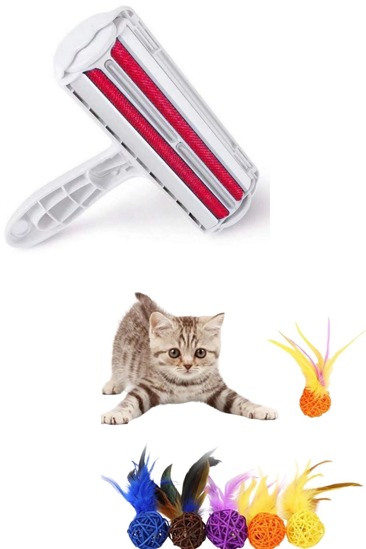 Buffer Kulak Modelli Hazneli Kedi Köpek Tüy Toplayıcı + 2li Renkli Peluş Çıngıraklı Top Oyuncağı