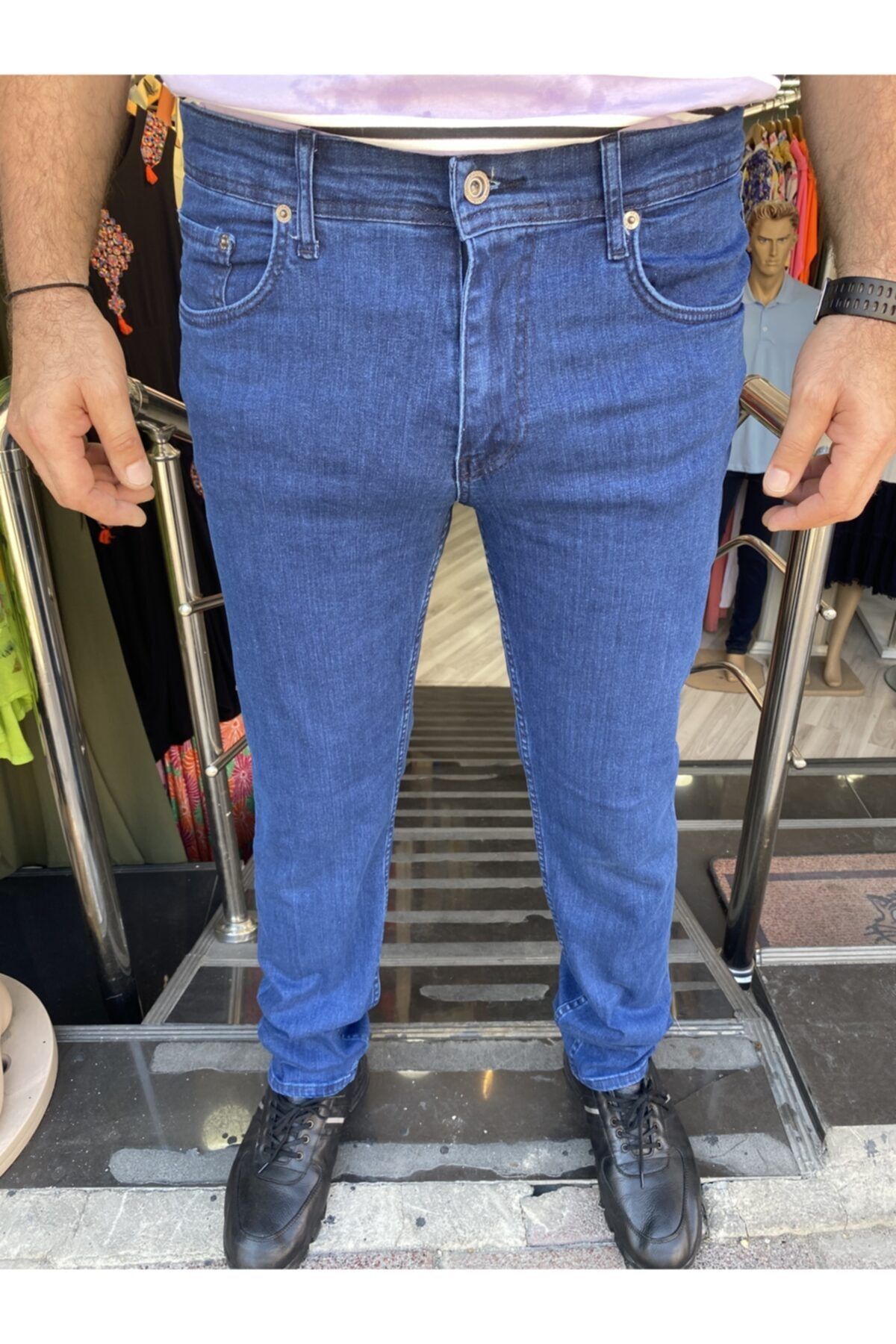 denım collectıon Likralı Koyu Mavi Paça Jeans Pantalon
