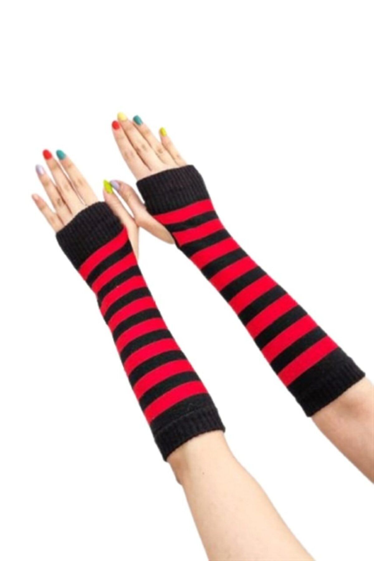 Metal Giyim Kırmızı Siyah Çizgili Kol Çorabı