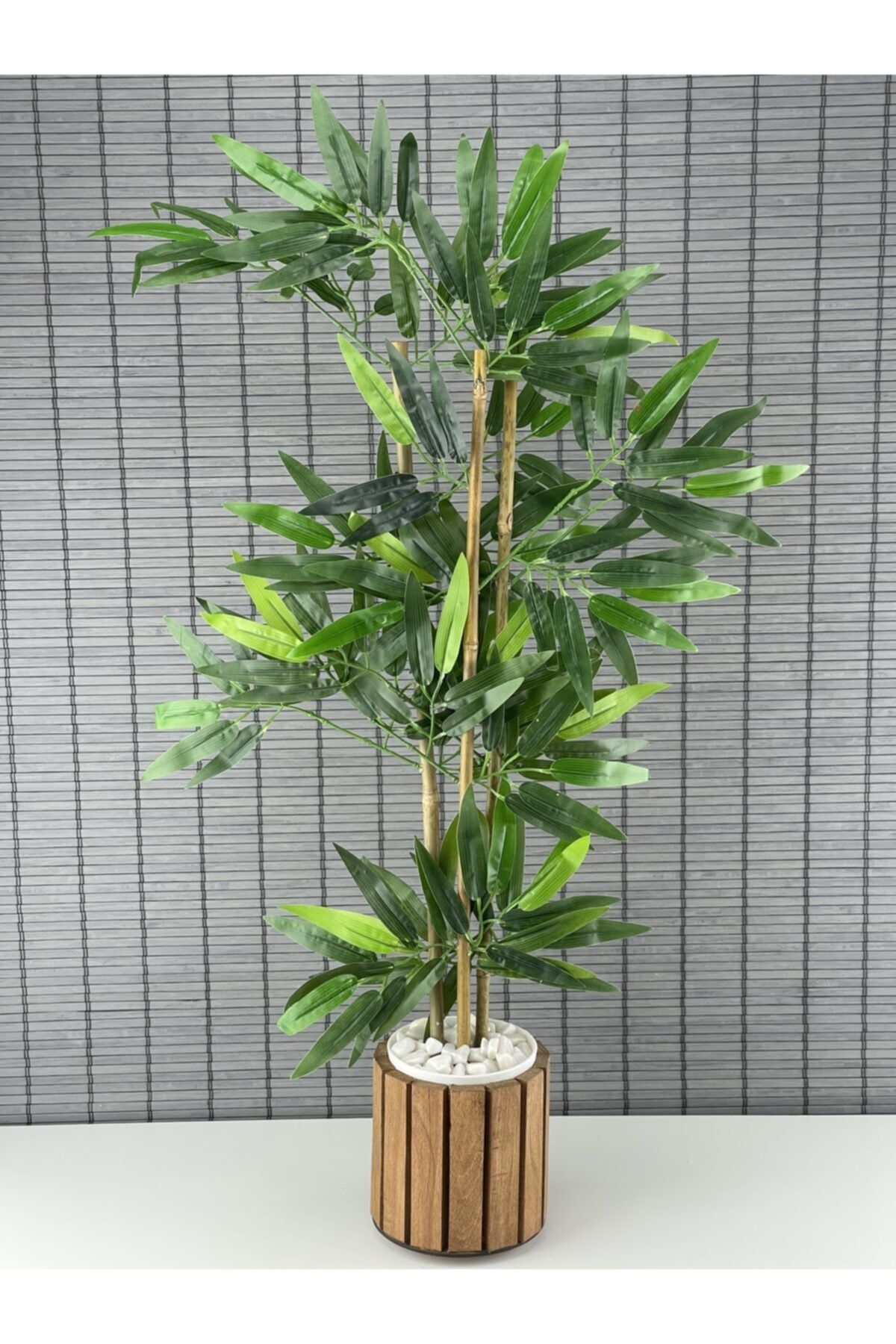 Bahçem Yapay Yoğun Yapraklı Dekoratif Bambu Ağacı Ahşap Saksılı 3 Gövde 80cm