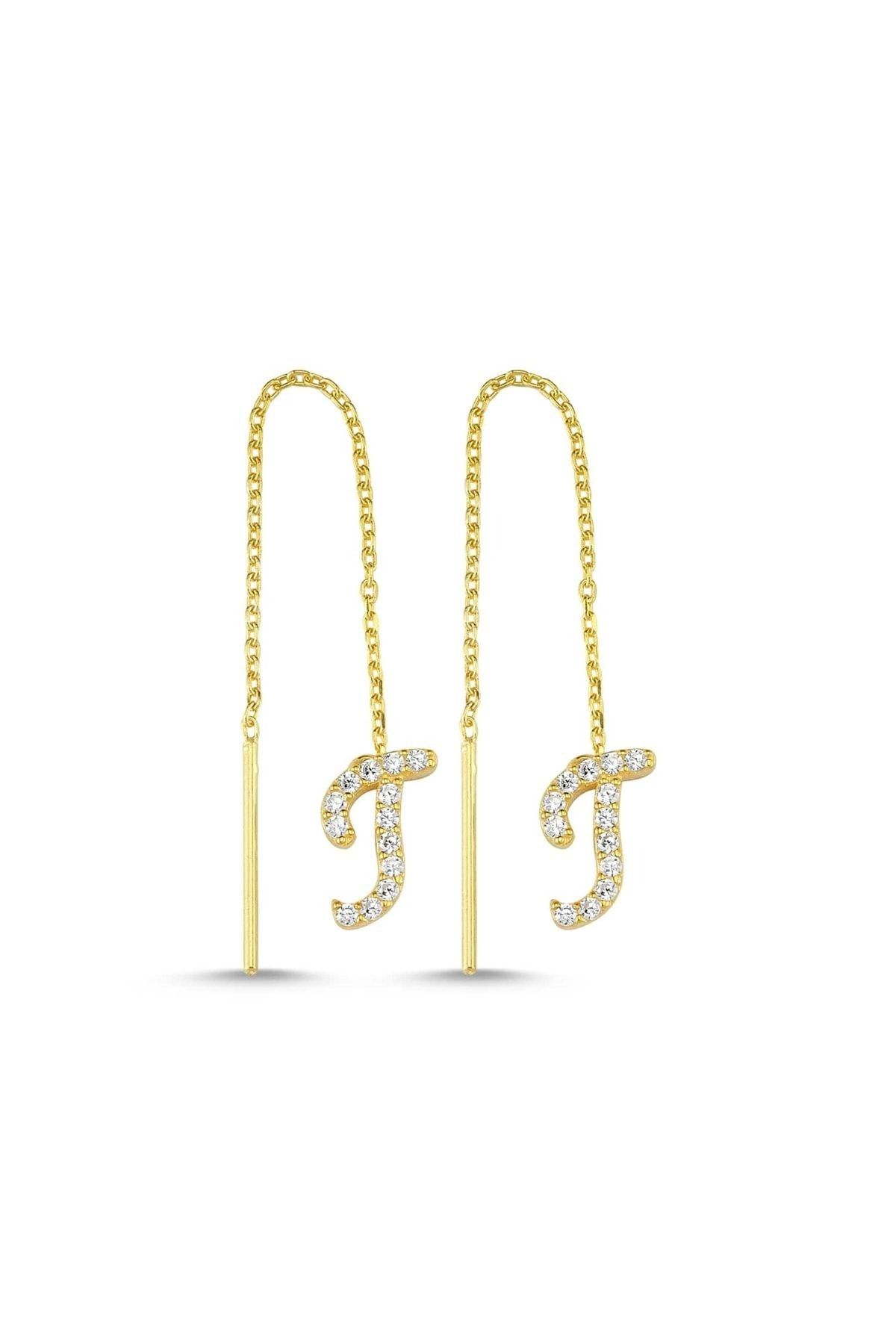 Genel Markalar 925 Ayar Gümüş Altın Kaplama Iğneli Italik Harfli Küpe T Harfi Standart