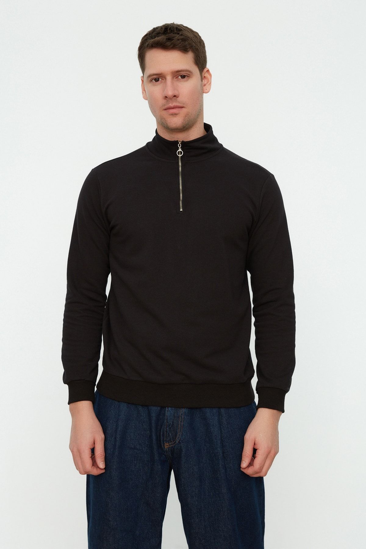 TRENDYOL MAN Erkek Regular/Normal Kesim Fermuarlı Balıkçı Yaka Uzun Kollu Basic Pamuklu Sweatshirt