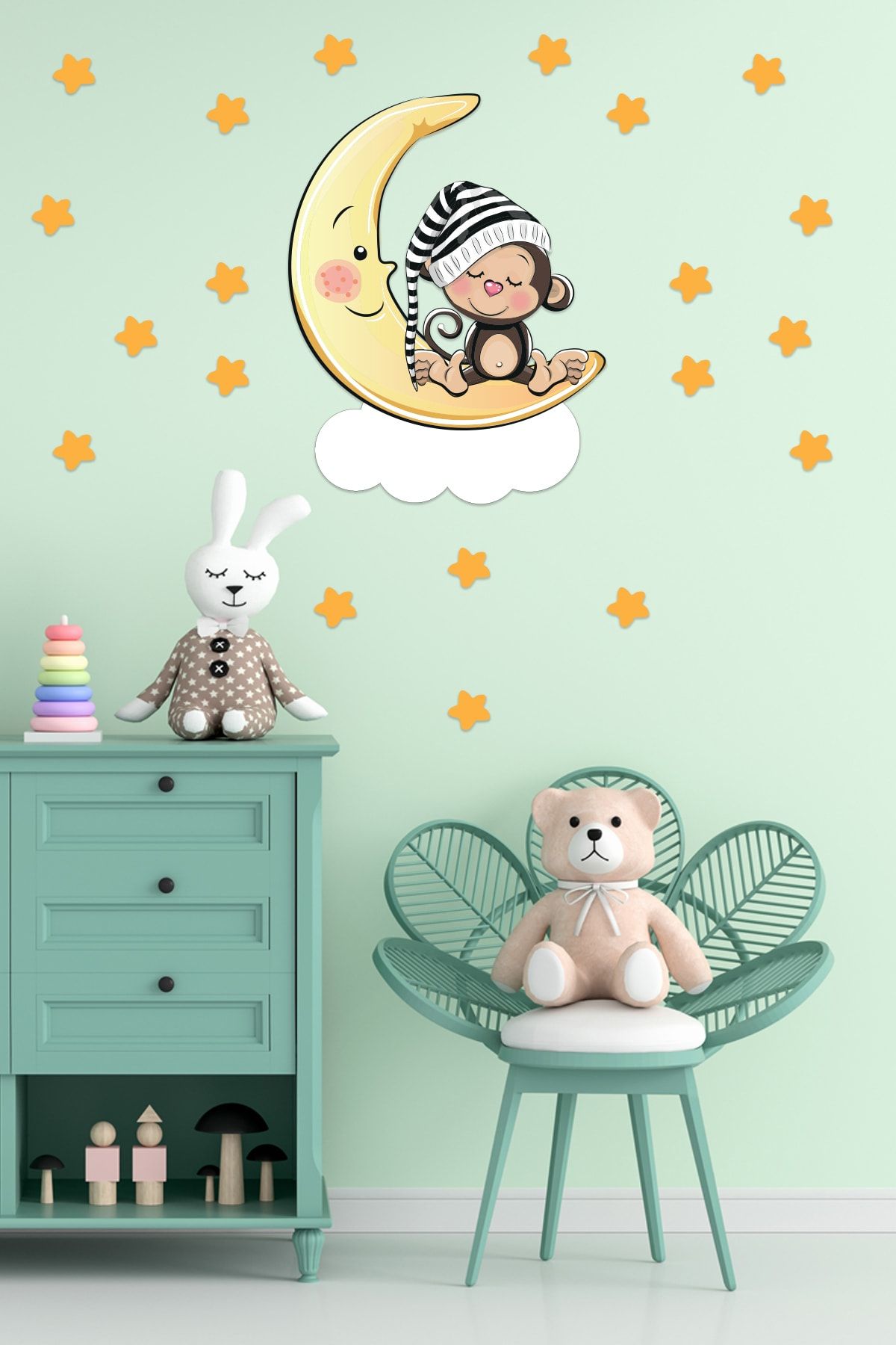 Tilki Dünyası Uyuyan Maymun, Yıldız, Bulut Çocuk Odası Deko Duvar Sticker