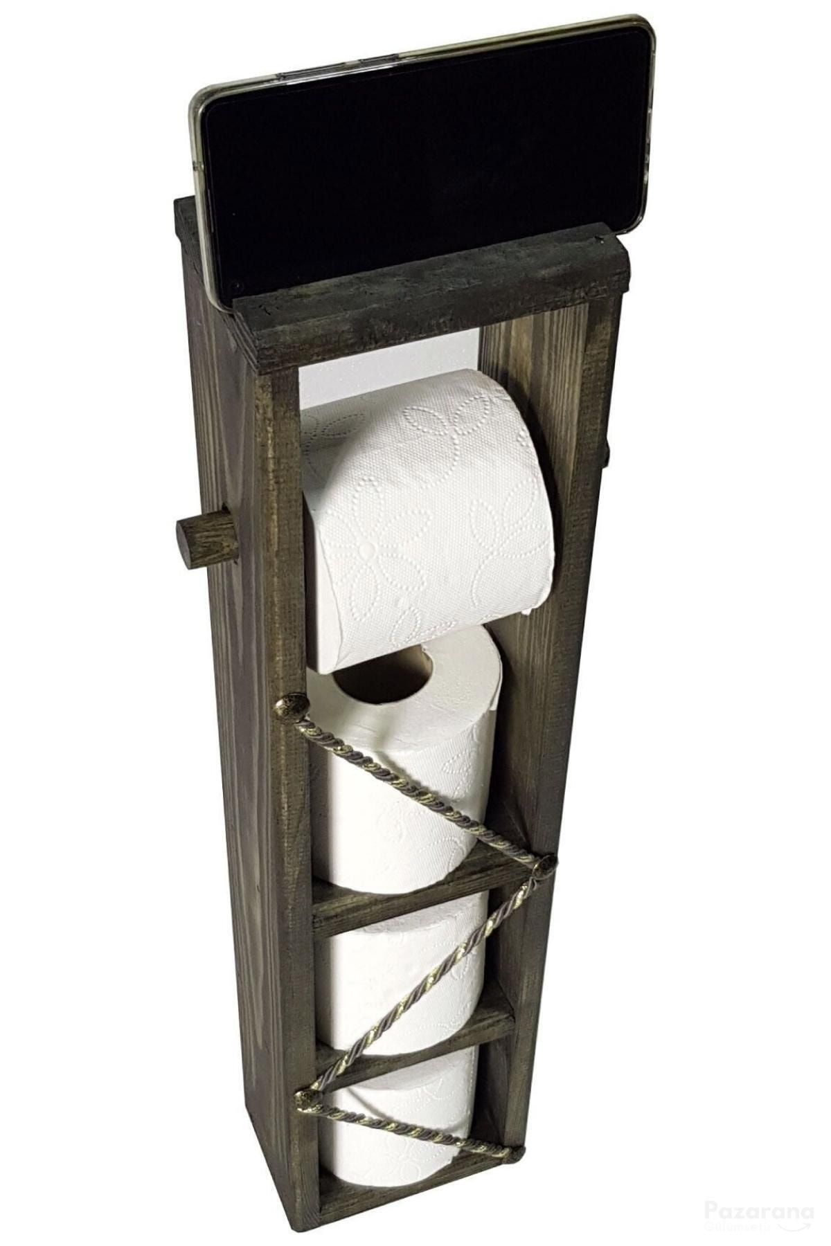 Ankaflex Ahşap Wc Kağıtlık Tuvalet Telefon Tutucu Standı Özellikli Banyo Kağıtlık Haki Renk