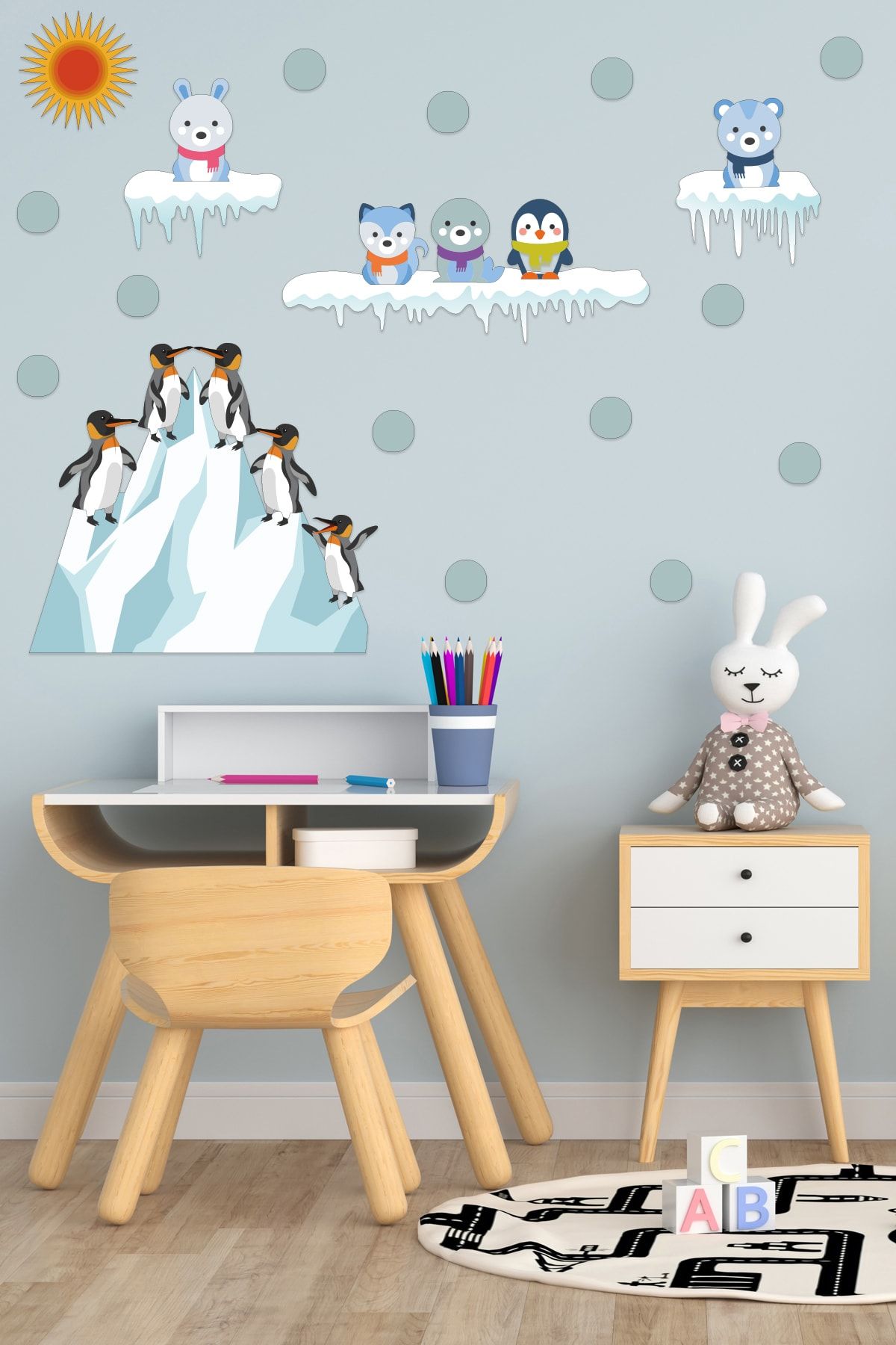 Tilki Dünyası Sevimli Kutup Hayvanları, Buz Kütlesi, Güneş Ve Kartopları Deko Çocuk Odası Duvar Sticker