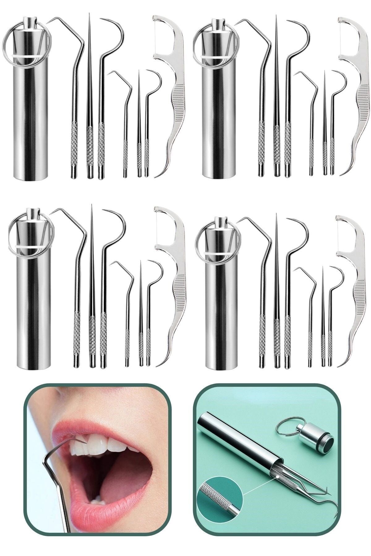 Buffer ® 4 Adet 7 Parça Paslanmaz Çelik Ağız Diş Tartar Sökücü Temizlik Bakım Seti