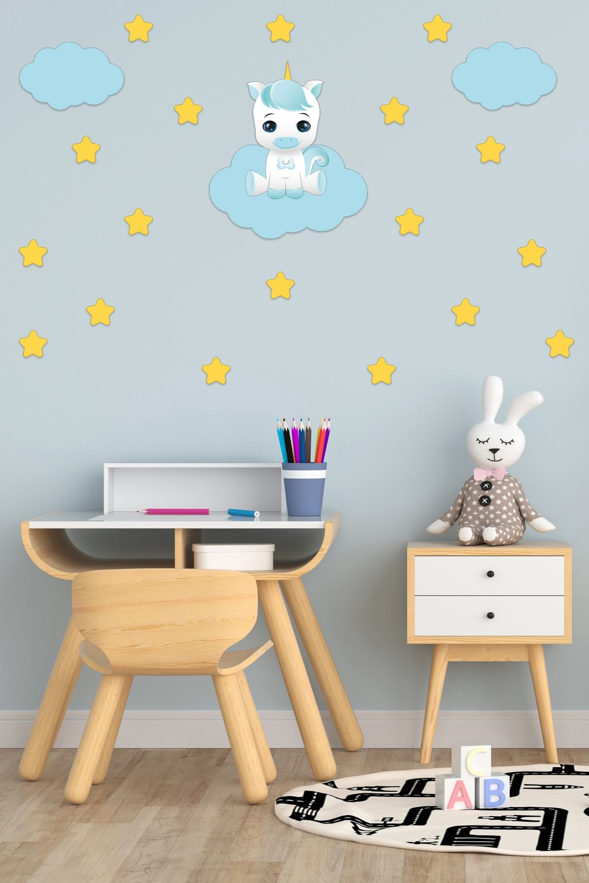 Tilki Dünyası Mavi Bulut Üzerinde Sevimli Unicorn 2 Bulutlar Ve Sarı Yıldızlar Deko Çocuk Odası Duvar Sticker