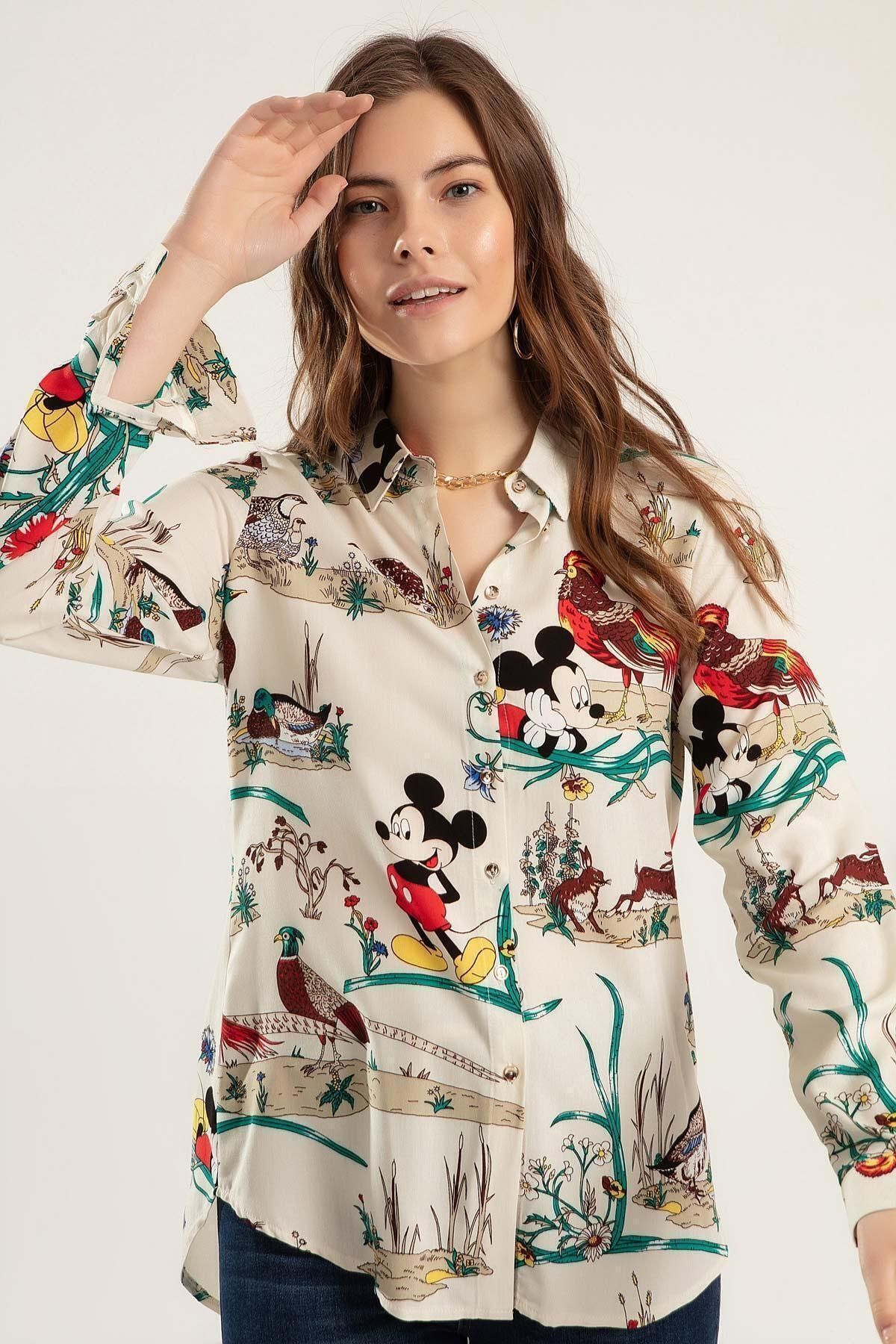 Pattaya Kadın Mickey Mouse Baskılı Uzun Kollu Gömlek Y20s110-3833