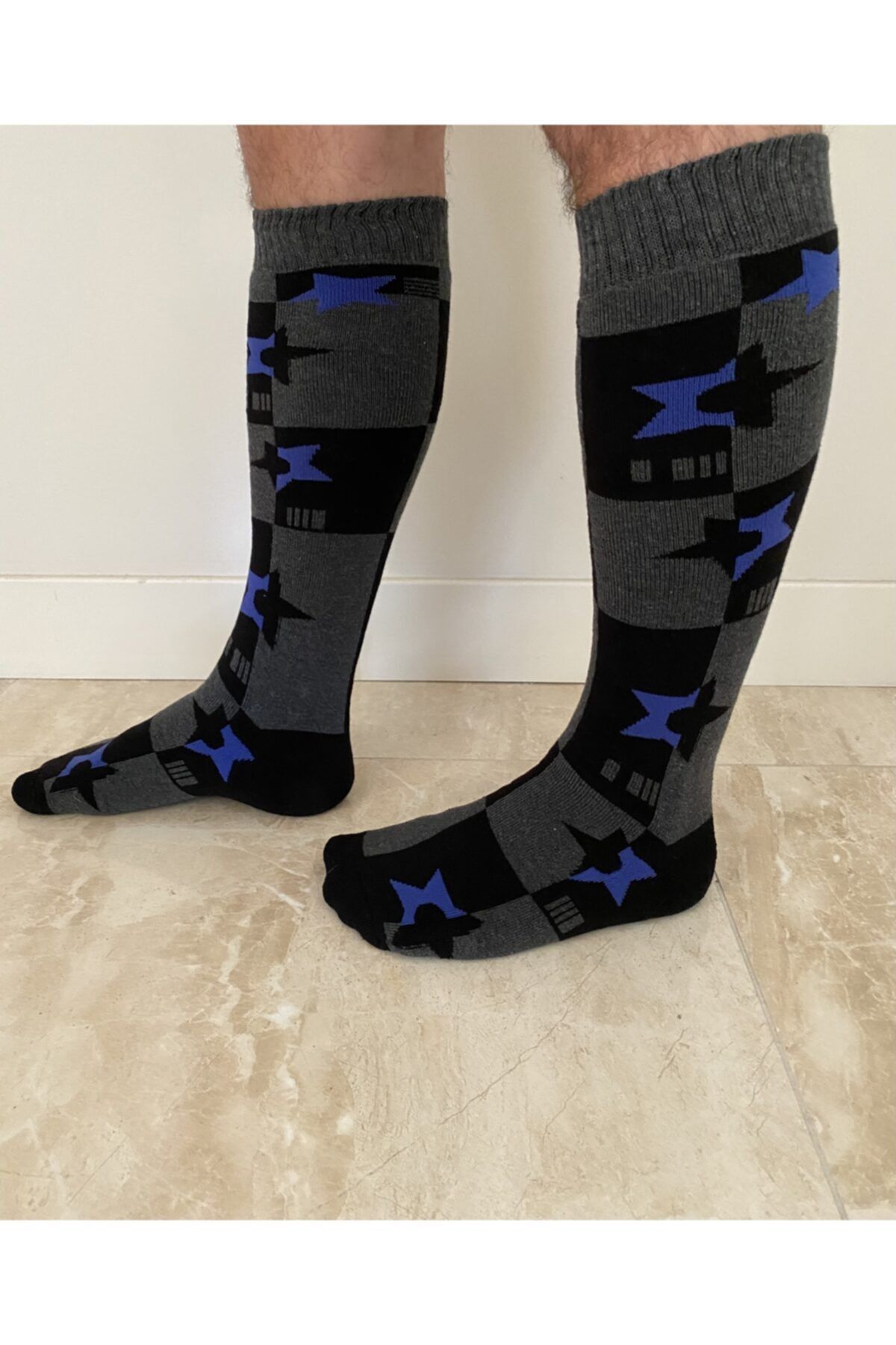 YABA Dizaltı Kayak Çorabı - Snowboard Çorabı - Siyah Mavi Yıldızlar Termal Çorap