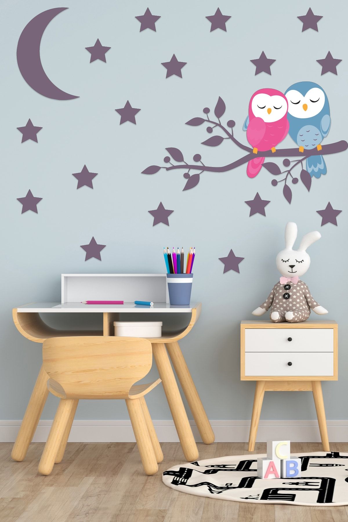Tilki Dünyası Uyuyan Sevimli Baykuşlar Ve Koyu Mor Ay Ve Yıldızlar Deko Çocuk Odası Duvar Sticker