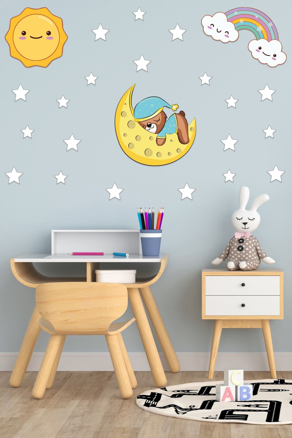 Tilki Dünyası Ay Üzerindeki Sevimli Ayıcık, Gökkuşağı, Yıldızlar Ve Güneş-mavi Deko Çocuk Odası Duvar Sticker