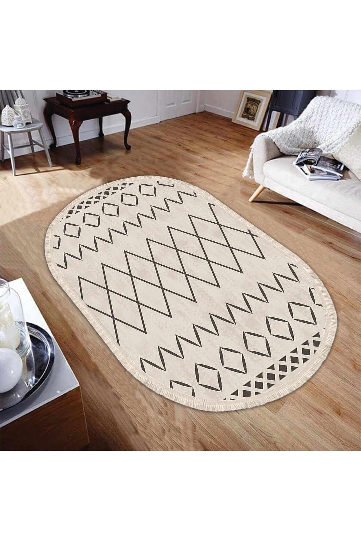 TulipDecorative Carpet Etnik Desen Dijital Baskı Yıkanabilir Kaymaz Taban Leke Tutmaz Oval Salon Halısı