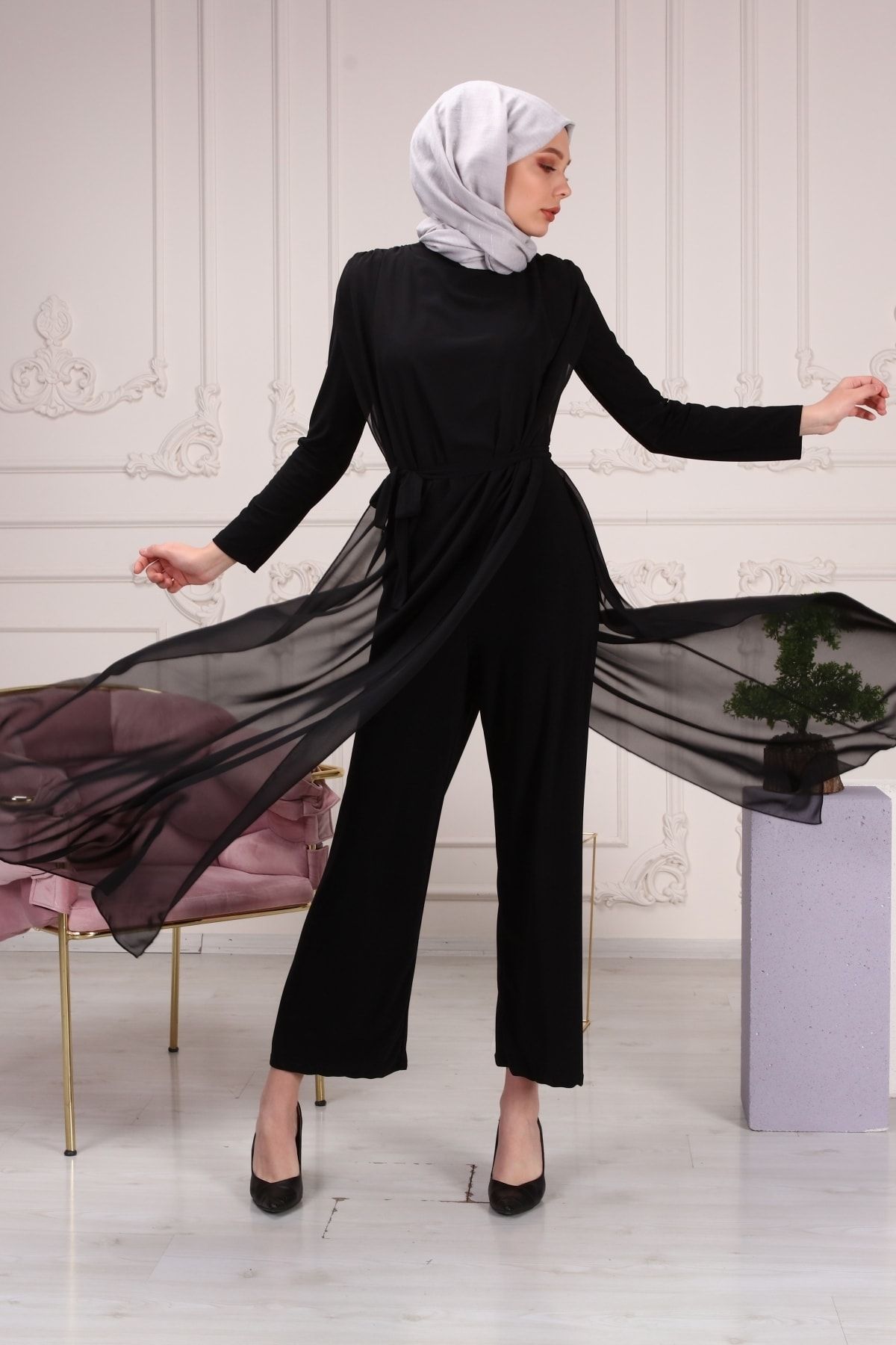 Aranlı tekstil Şifon Seyyar Kemerli Kadın Uzun Tulum Elbise