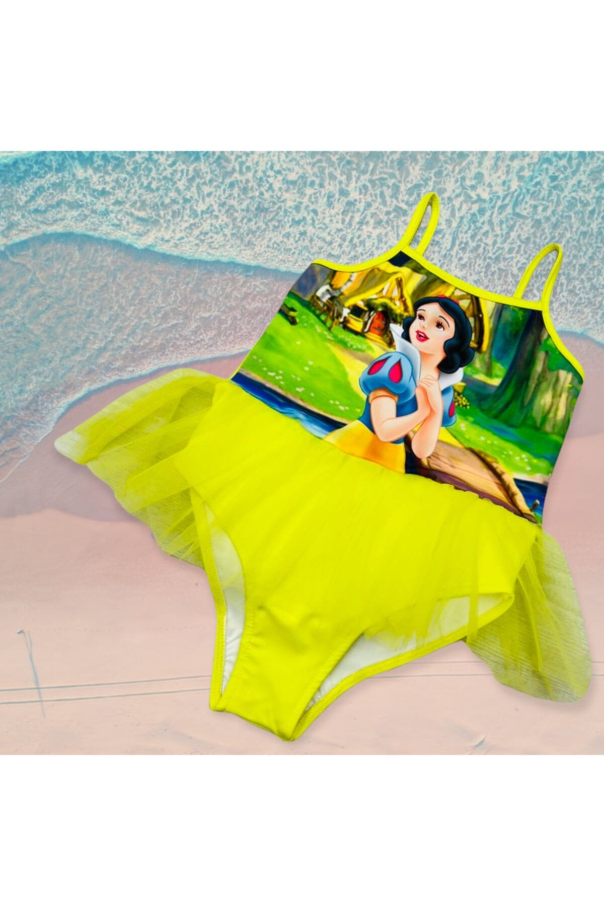 Lolliboomkids Kız Çocuk Balerin Tütülü Pamuk Prenses Tema Baskılı Mayo Neon Sarı Tül Tütü Detaylı Son Sezon 2022