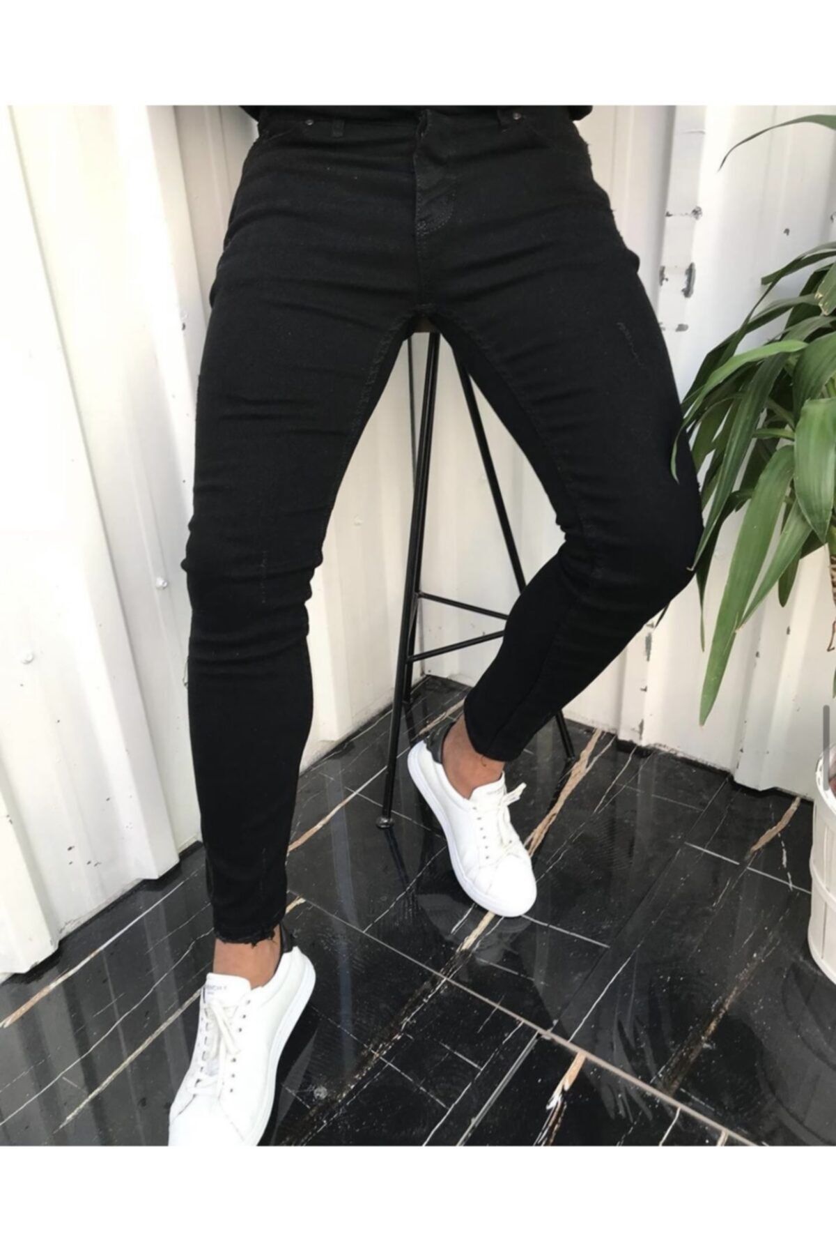 çerme Erkek Siyah Hafif Tırnaklı İtalyan Kesim Kot Pantolon