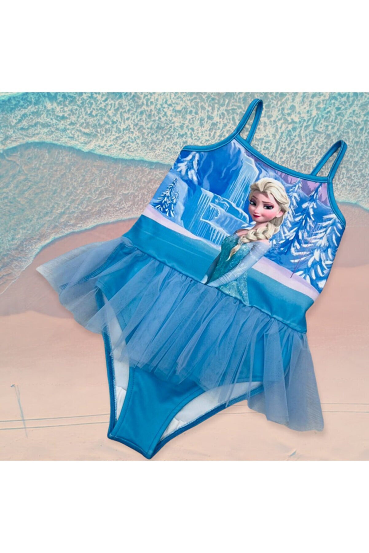 Lolliboomkids Kız Çocuk Buzlar Prensesi Elsa Balerin Tütülü Baskılı Mayo Mavi Renk Tül Tütü Detaylı