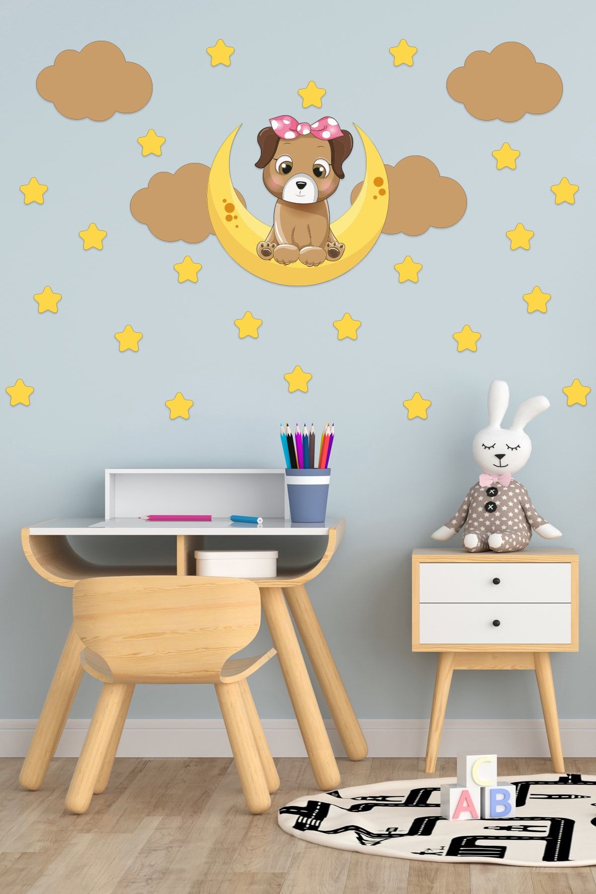 Tilki Dünyası Tatlı Köpekcik Kahverengi Bulutlar Ve Sarı Yıldızlar Deko Çocuk Odası Duvar Sticker