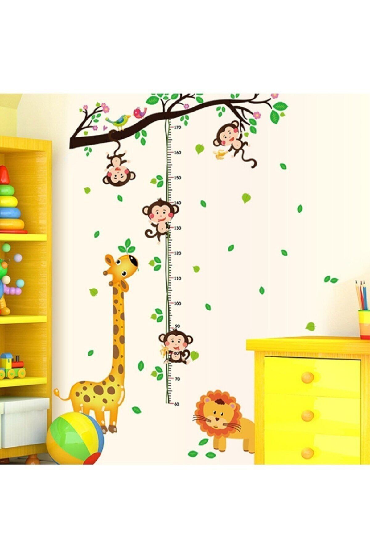KT Decor Sevimli Zürafa Aslan Ve Maymun Modelli Çocuk Odası Boy Ölçme Cetveli Duvar Sticker Yapıştırıcı