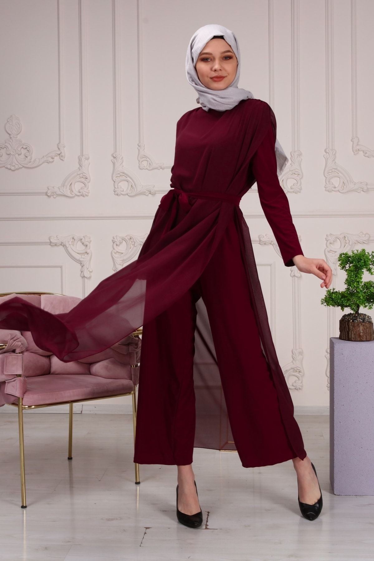 Aranlı tekstil Şifon Seyyar Kemerli Kadın Uzun Tulum Elbise