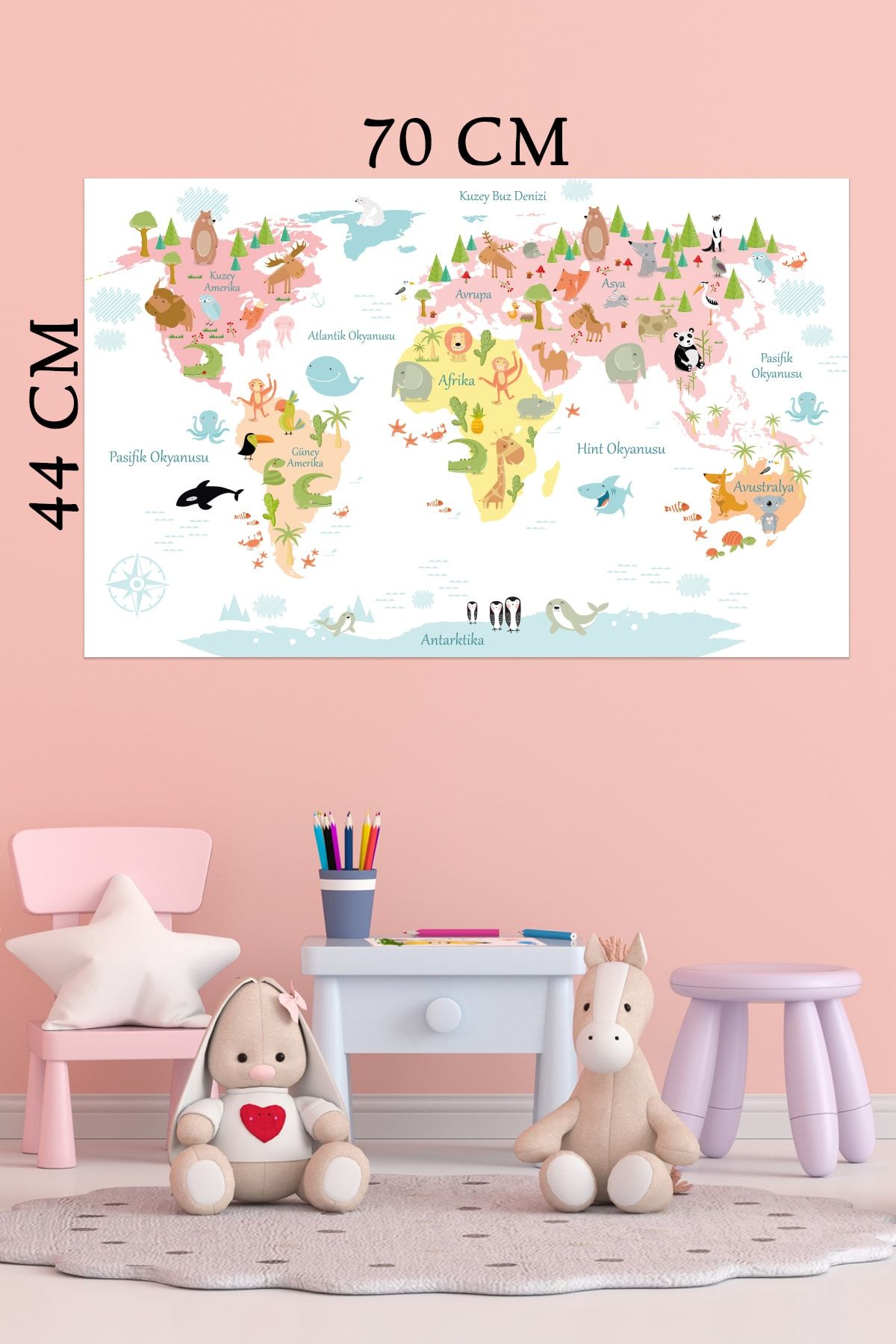 Tilki Dünyası Eyaz Eğitici Dünya Haritası Hayvanlar Alemi Türkçe Deko Çocuk Odası Duvar Sticker