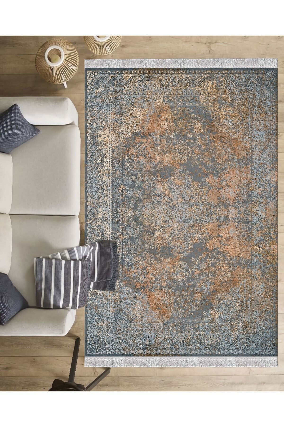 TulipDecorative Carpet Vintage Dijital Baskı Yıkanabilir Kaymaz Taban Leke Tutmaz Salon Halısı