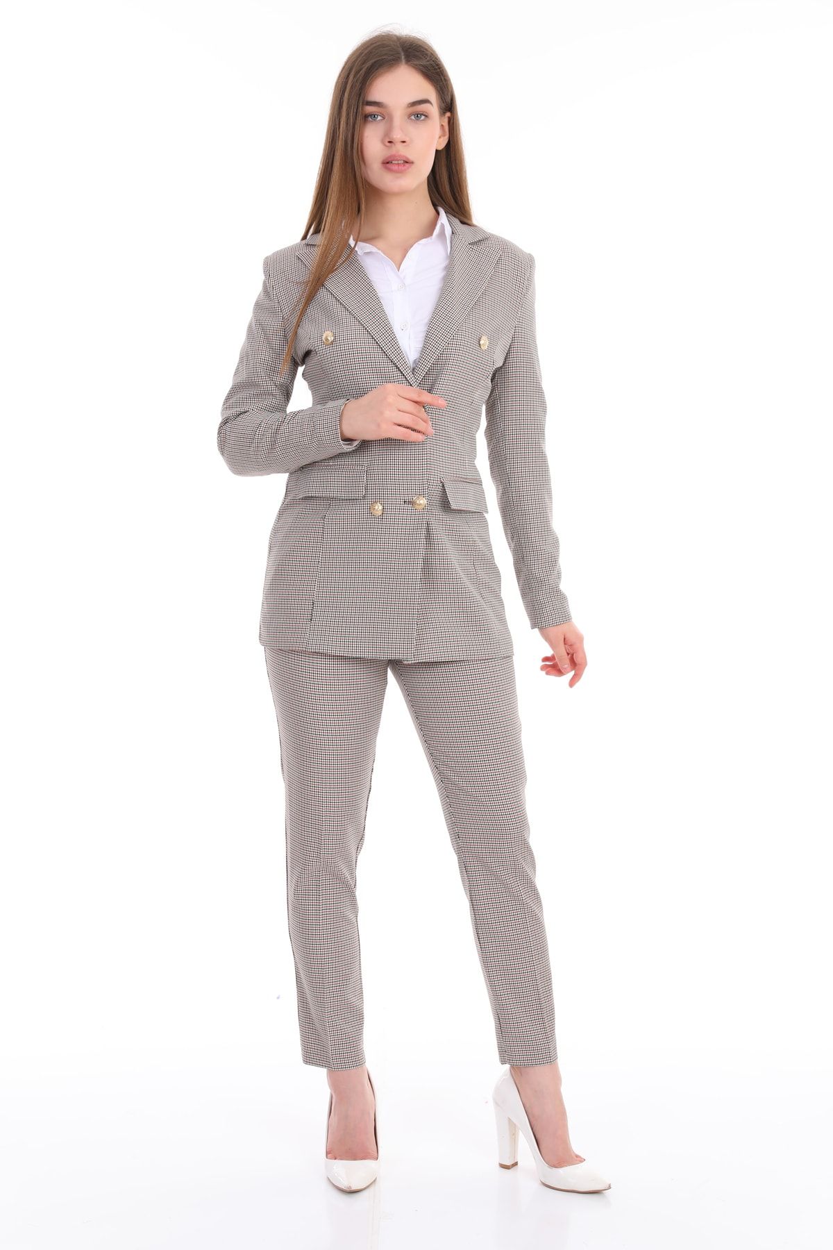 Rmz Style Düğmeli Sahte Cepli Blazer Ceket Boru Paça Kemerli Cepli Esnek Pantolon Pötikare Takım Elbise