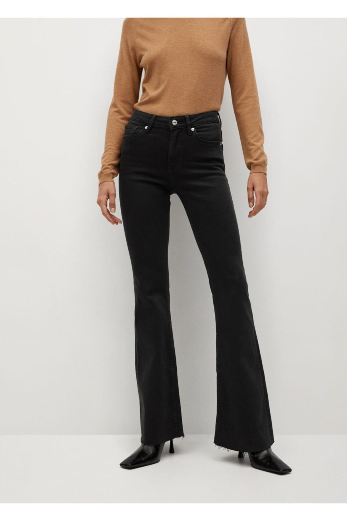MANGO Kadın Siyah denim Bel Yüksekliği Orta Boy Flare Jeans