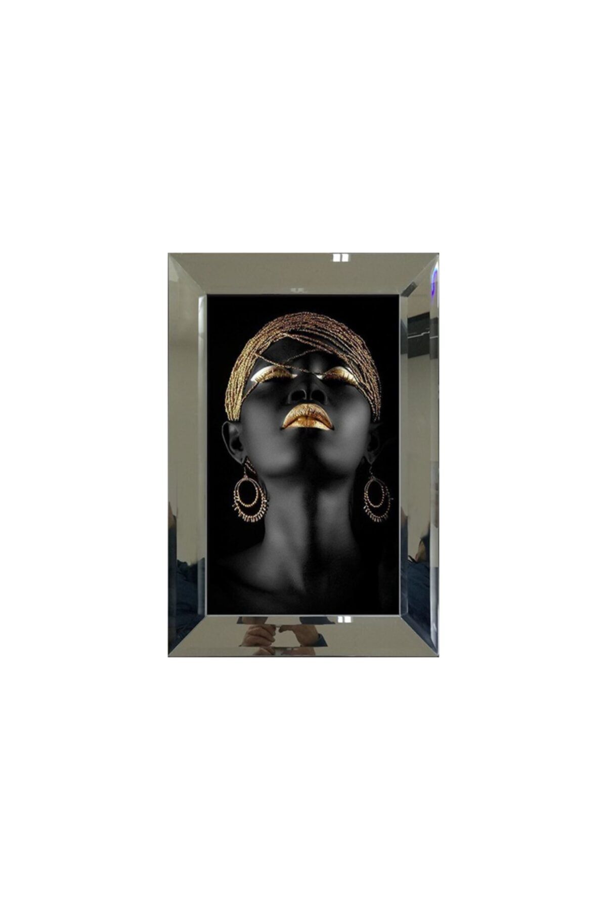 Popüler Mobilya Afrikalı Kadın Altın Sim İşlemeli Aynalı Tablo 60x90 cm (060)