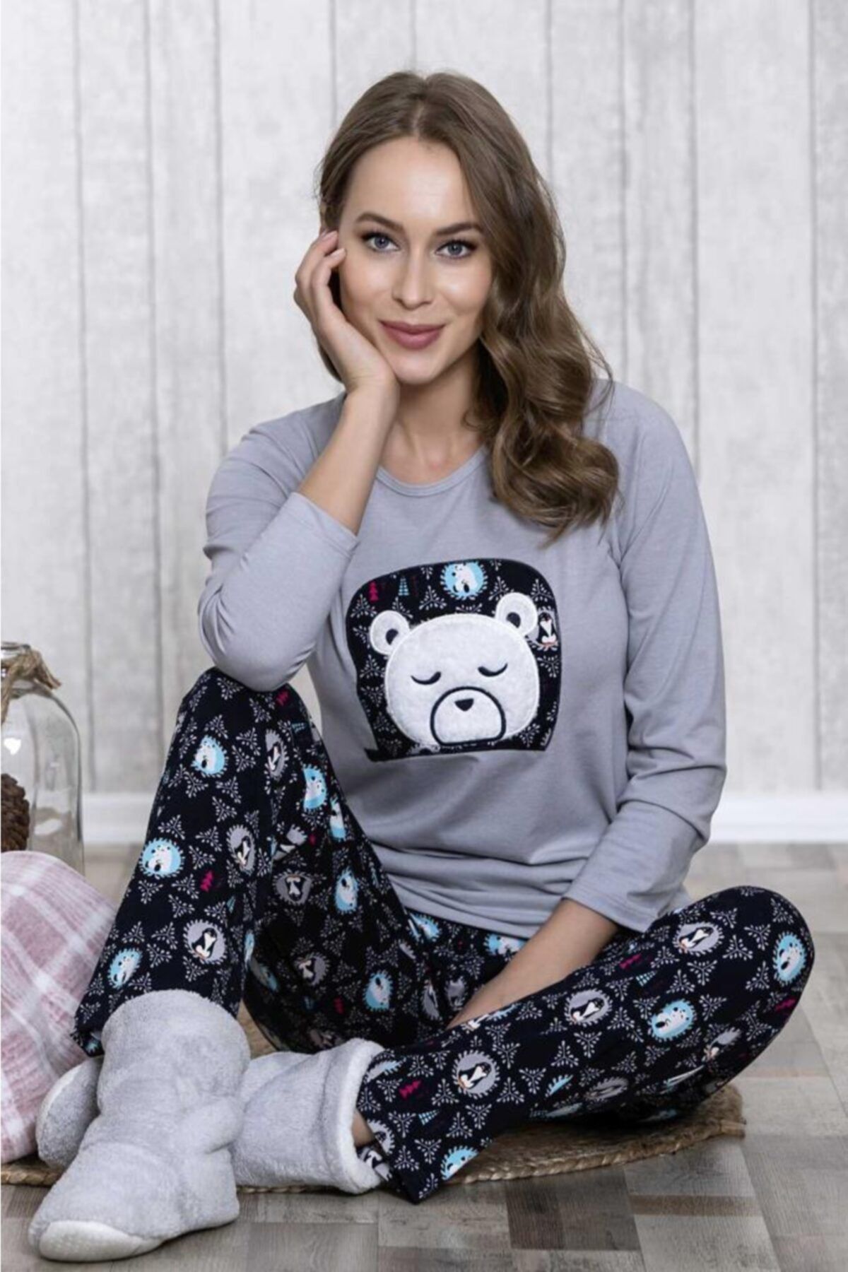LİNGABOOMS Kadın Gri Pamuklu Kutup Ayılı Üst Pantolon 2'li Pijama Takım 1019