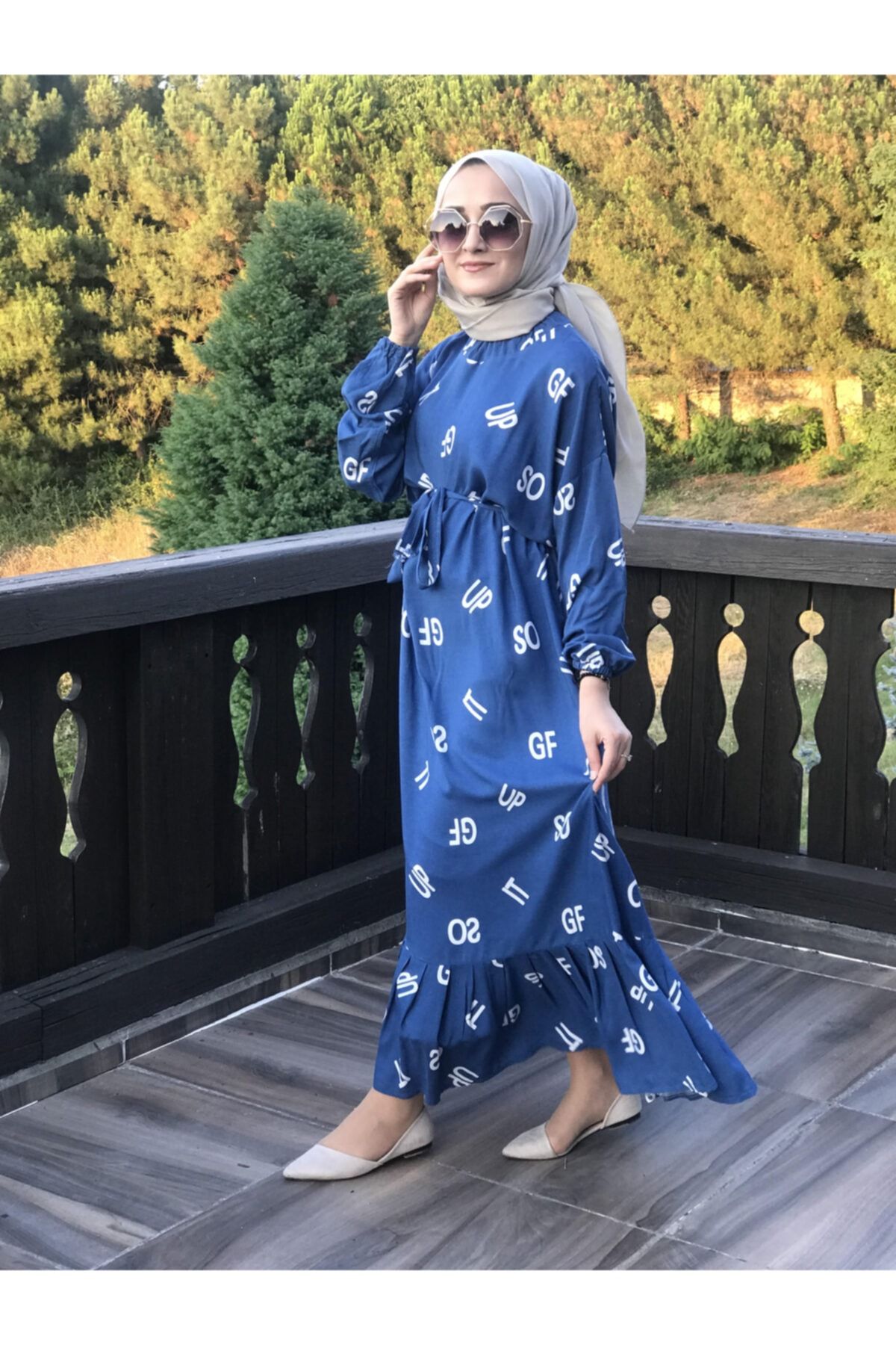 AYSUN AYDEMİR Kadın Mavi Harf Desenli Elbise