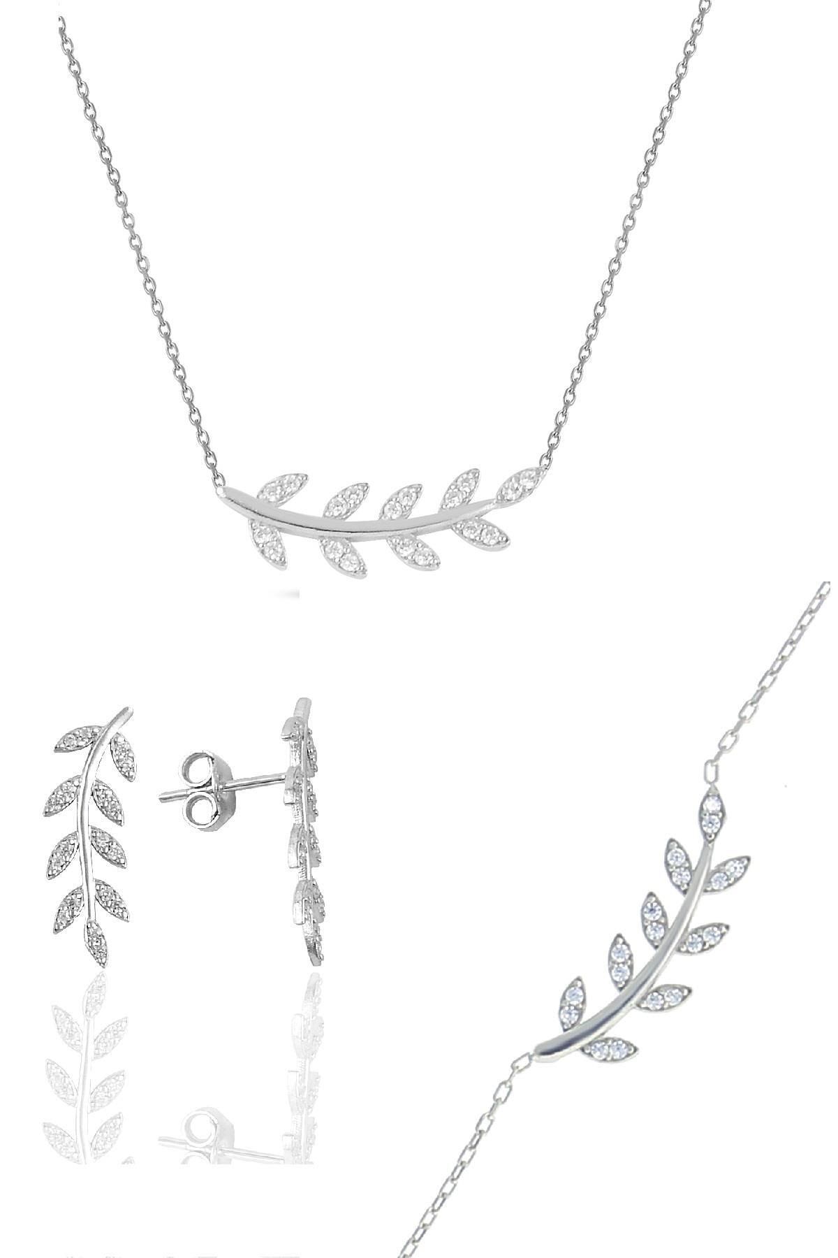 Söğütlü Silver Gümüş Rodyumlu Zirkon Taşlı Yaprak Üçlü Set