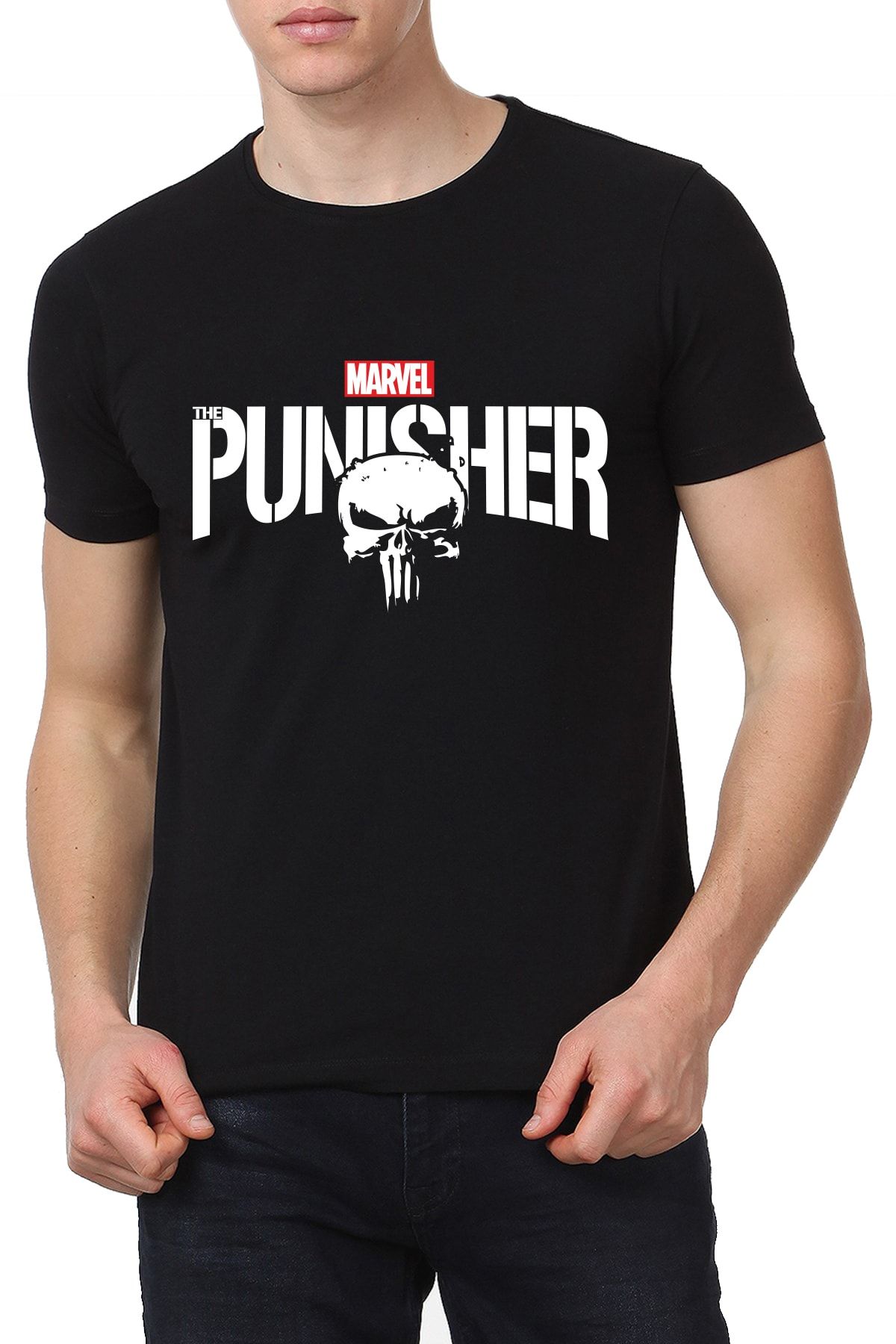 Genel Markalar Marecash Unisex Siyah Punisher Baskılı T-shirt