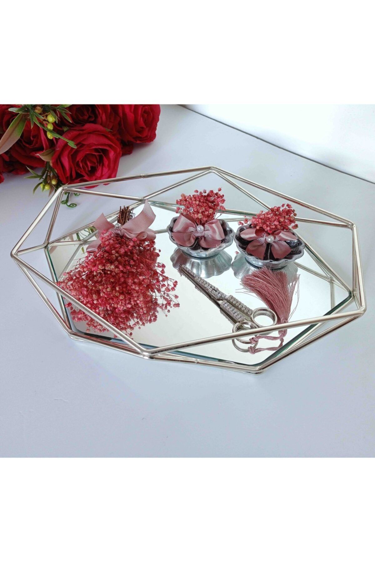 Gelincimherşey Prizma Aynalı Şoklanmış Çiçek Süslemeli Pudra Gümüş Söz Nişan Yüzük Tepsi Seti