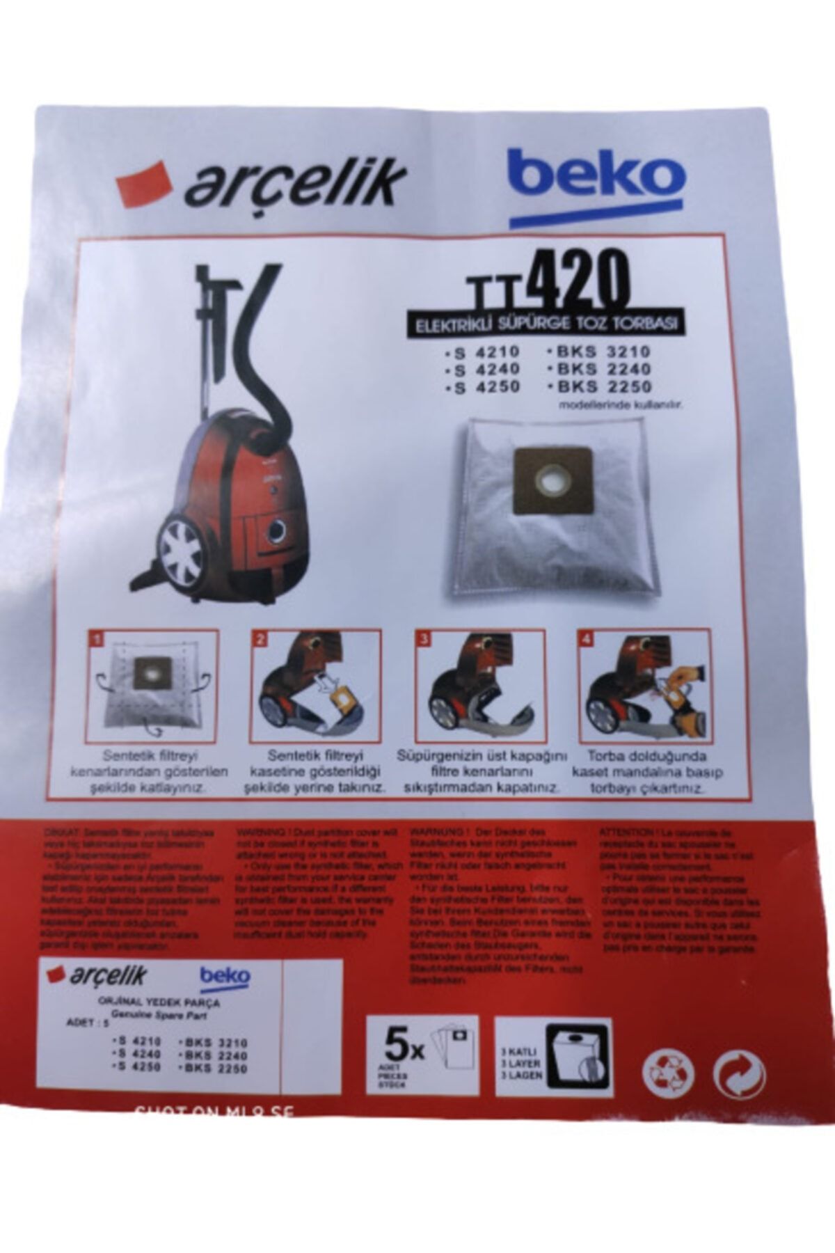 Arçelik S-4250 A - S-4240 C Elektrikli Süpürge Toz Torbası Orjinal ( 5 Adet )