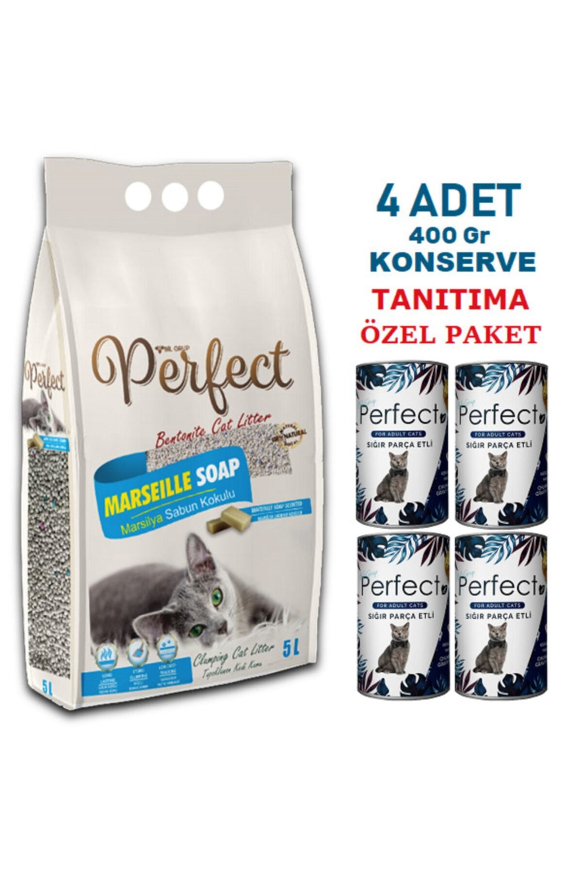 PERFECT 5 Lt Ince Marsilya Sabun Kokulu Kedi Kumu & 4 Adet Konserve Tanıtıma Özel Fiyat