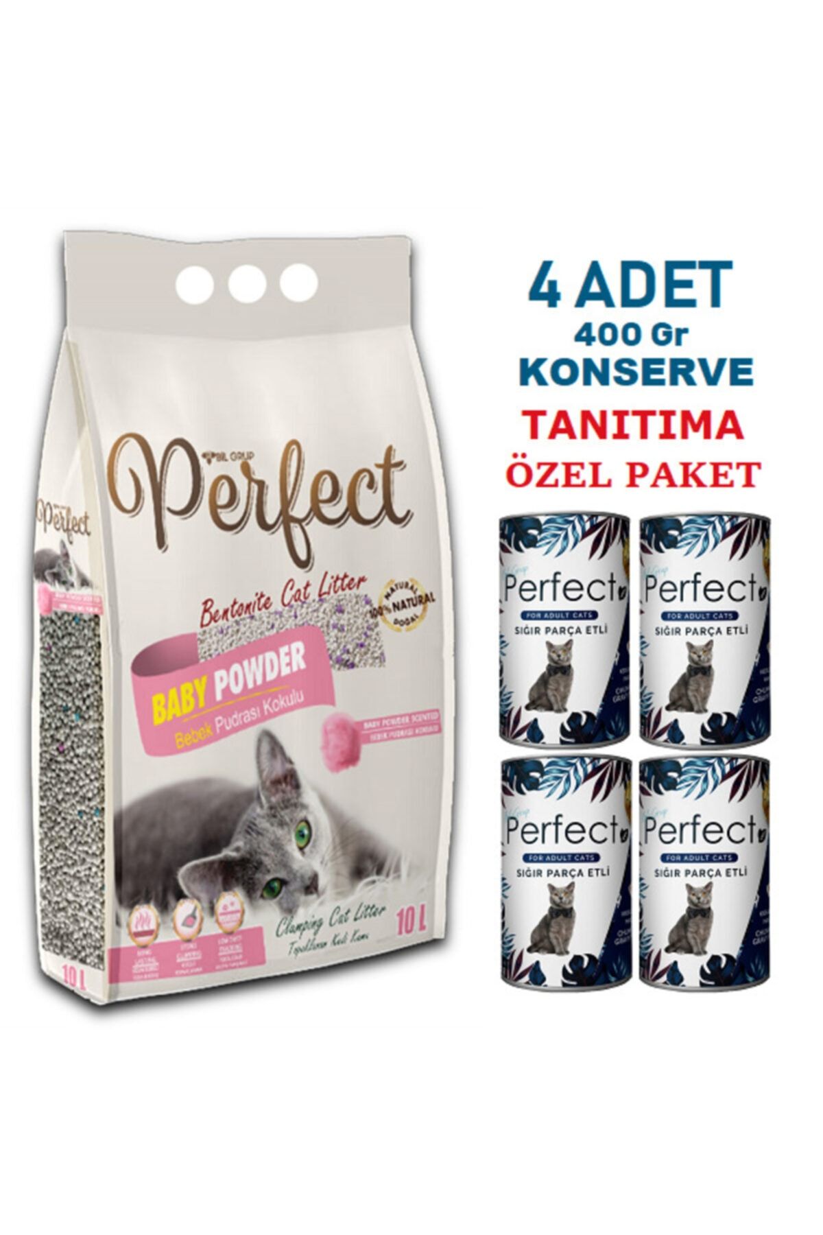 PERFECT 10 Lt Ince Bebek Pudrası Kokulu Kedi Kumu & 4 Adet Konserve Tanıtıma Özel Fiyat