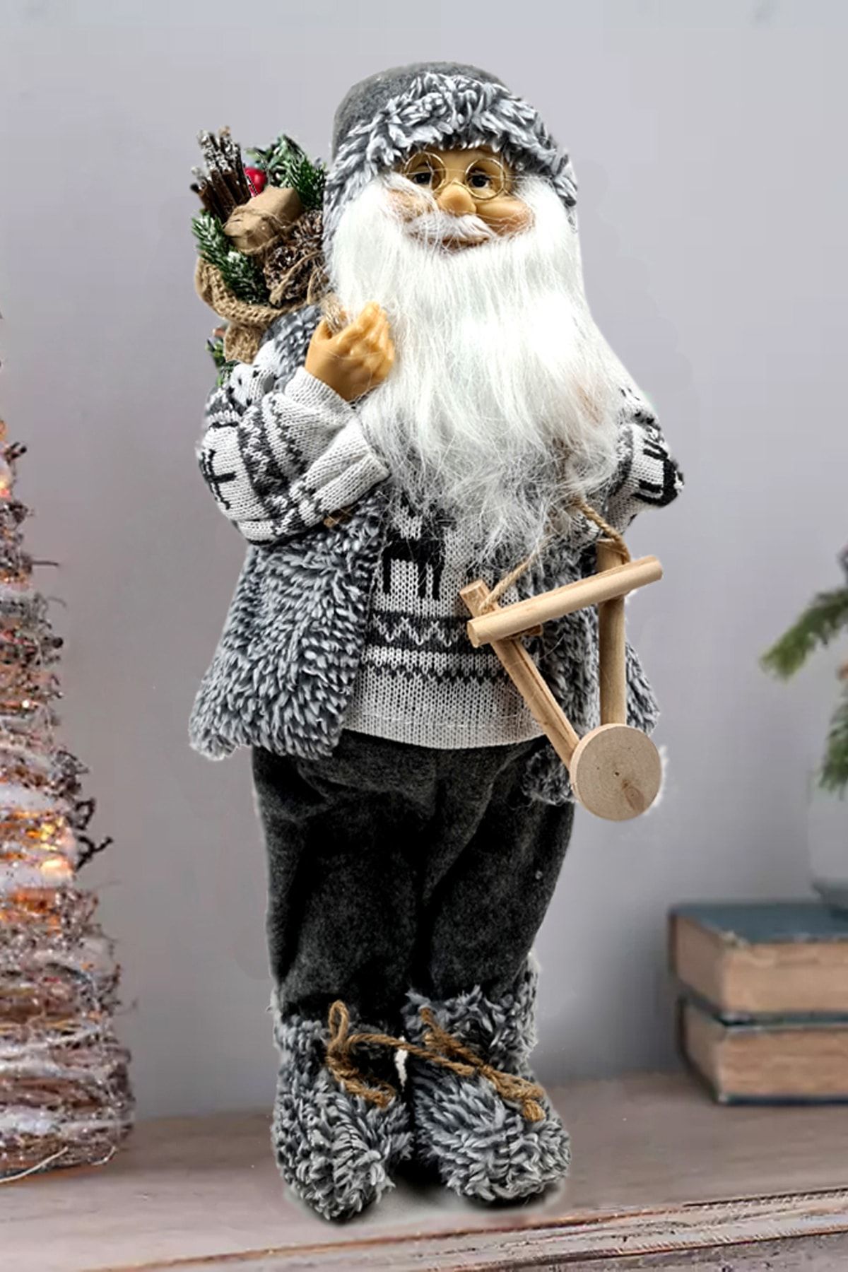 Binbirreyon Yılbaşı Süsü Noel Baba Biblo Figür Büyük Boy 45cm Gri Me083-3