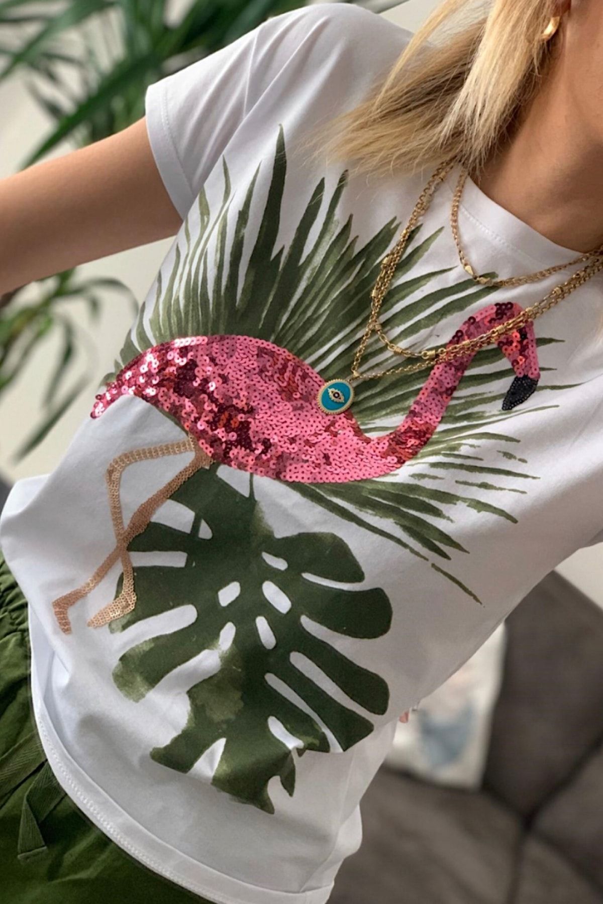 FEMELLE Kadın Flamingo Pul Işlemeli Pamuk Tişört