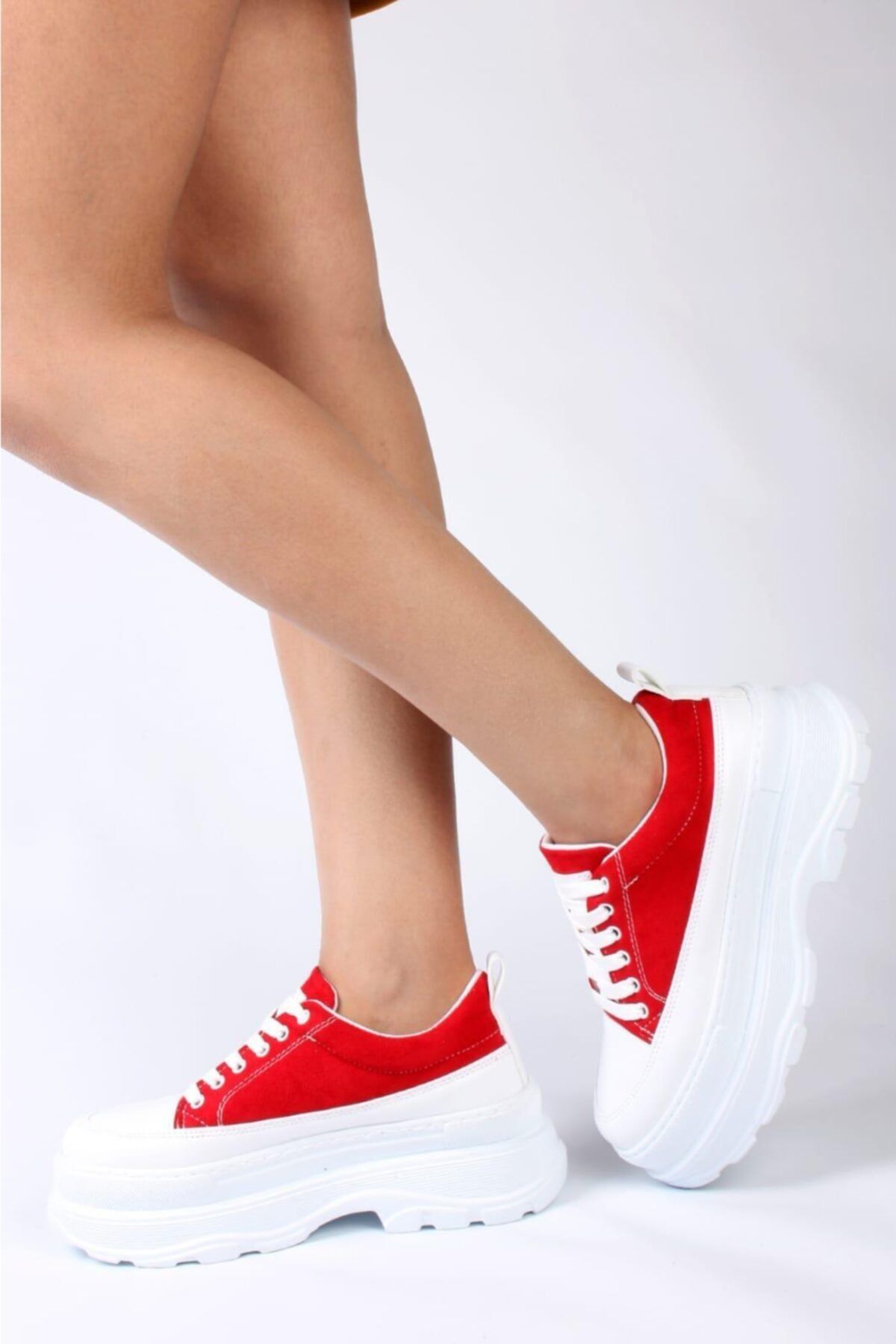 FİT SPORT Kadın Kırmızı Kalın Taban Sneaker 7001 Keten
