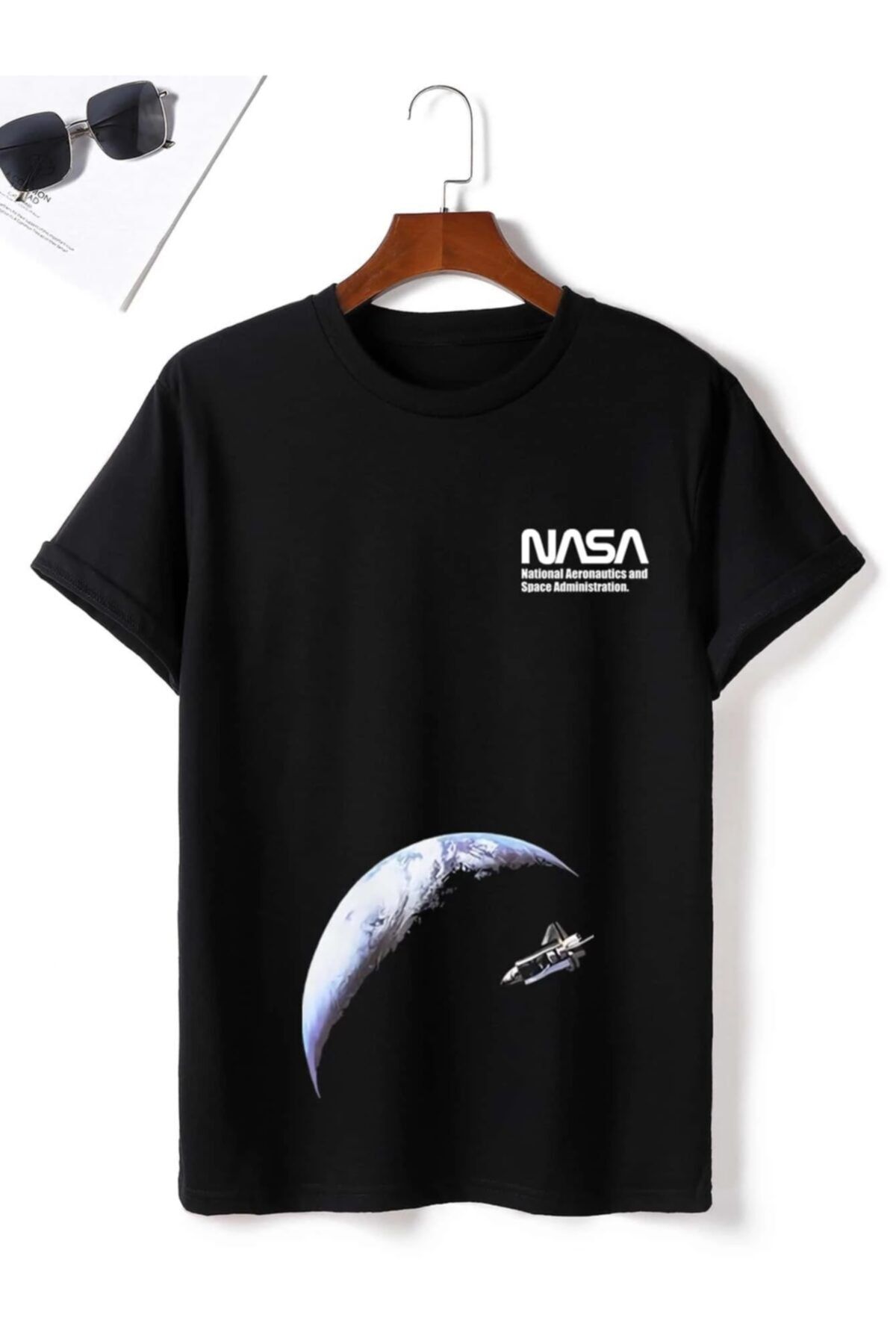 VBSVİBES Erkek Siyah Oversize Nasa Uzay Baskılı T-shirt