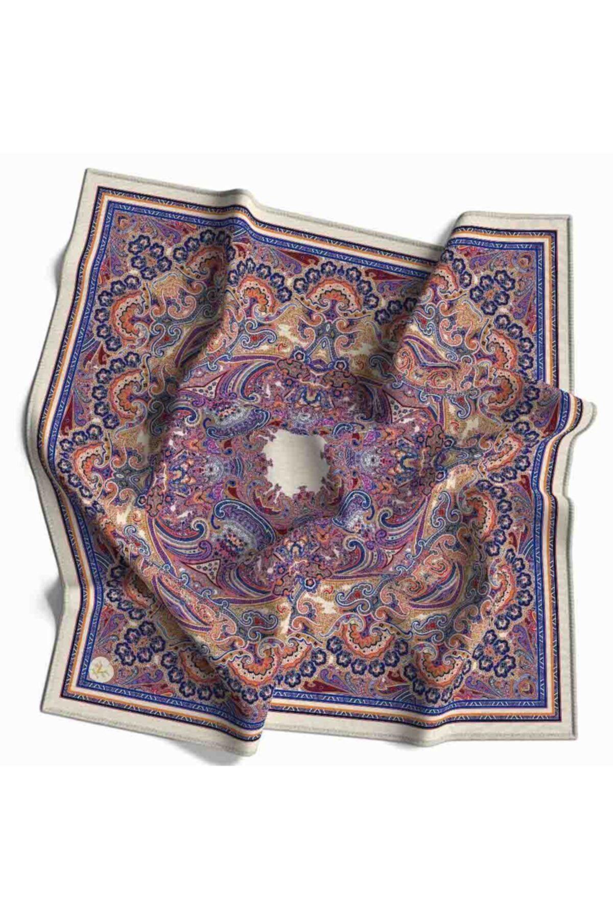 19V69 ITALIA Krem Mavi Turuncu Mandala Desen Italyan Şifon Seri Eşarp Eşarp Askısı Ile Birlikte 110x110 Cm