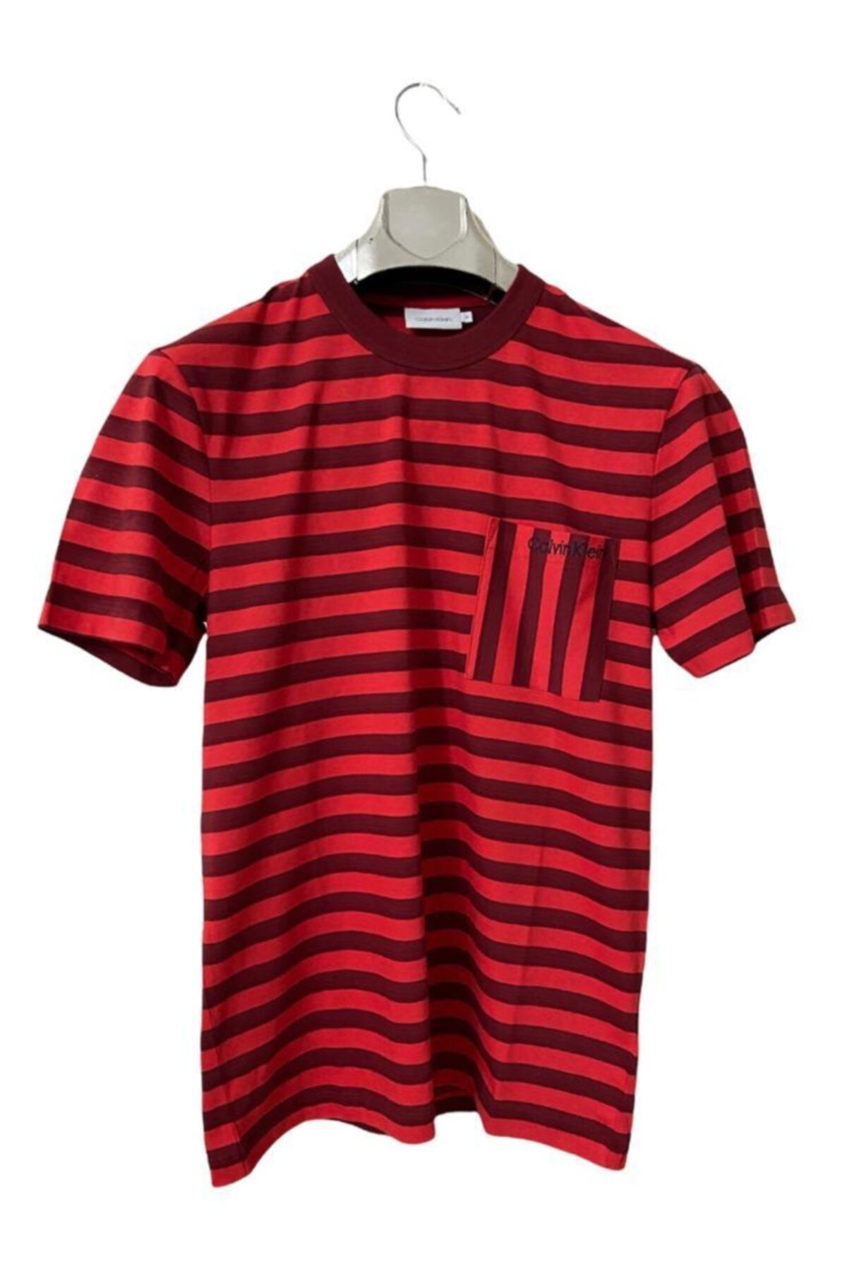 Calvin Klein Organic Cttton Men's Striped Embroidered On Pocked T-shirt