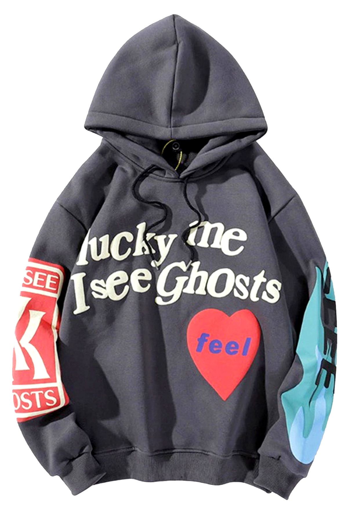 WEST BULLS Unisex Antrasit Lucky Me I See Ghosts Kanye Baskılı Kapüşonlu Oversize Sweatshirt