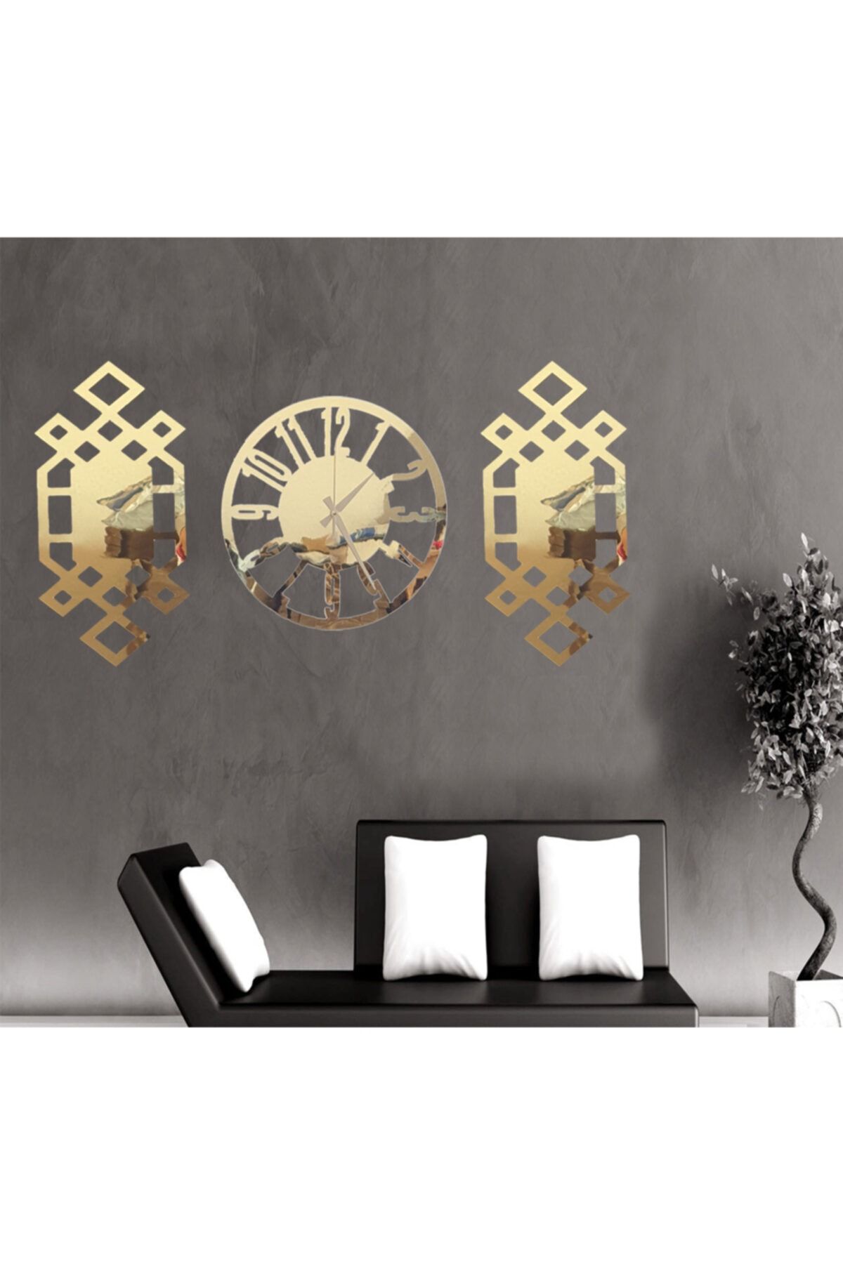 HYL Özel Tasarım Üçlü Set Duvar Saati Ayna Pleksi Gold Köşeli  lar