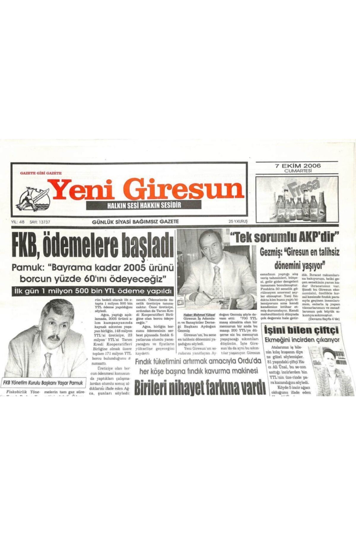 Gökçe Koleksiyon Yeni Giresun Gazetesi 7 Ekim 2006 - Islam Hıristiyan Çalışma Grubu Giresun'da Gz107915