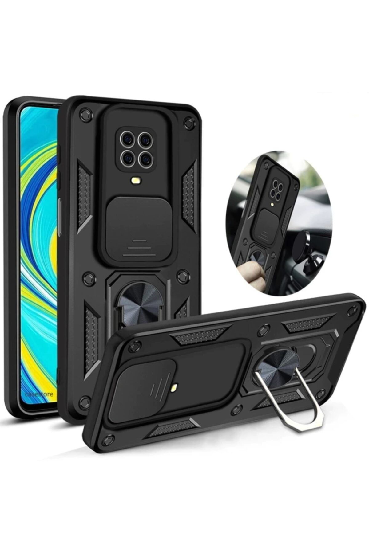 lionmycase Xiaomi Redmi Note 9 Pro Kılıf Kamera Korumalı Sürgülü Pars Lens Zırh Tank Yüzüklü Siyah Kılıf