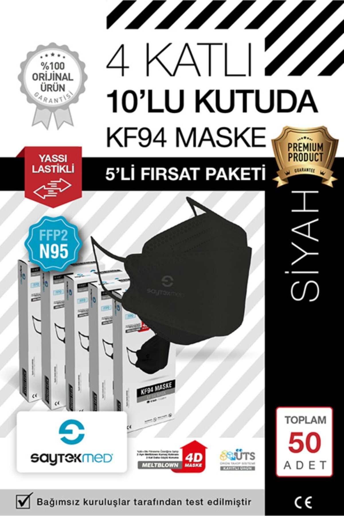 SAYTEKMED N95/FFP2 Kore Tipi, 4 katlı, SİYAH Maske, Tekli Paket, UV Steril (5 Kutu/ 50 Adet)