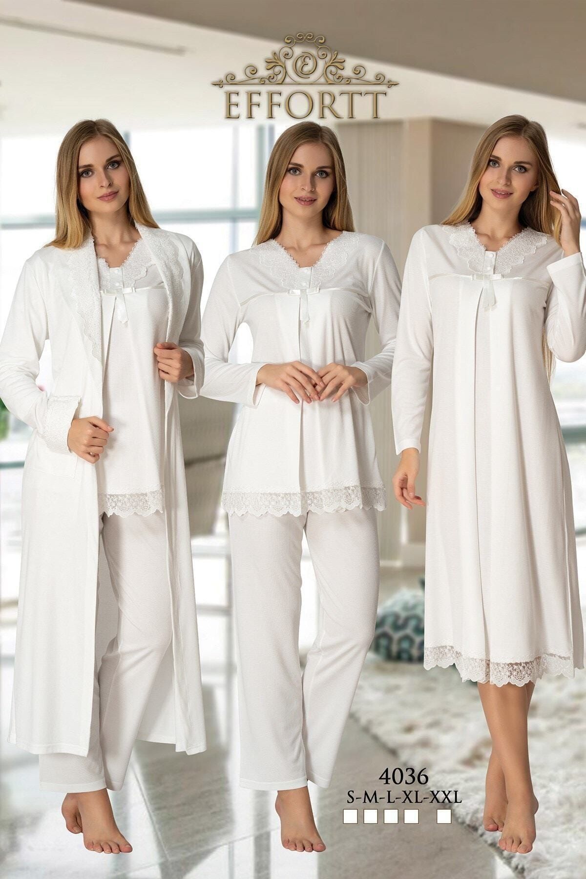 Genel Markalar Effort Kadın Ekru Uzun Kollu Pijama Takımı Gecelik Sabahlık Lohusa Hamile 4'lü Set 4036