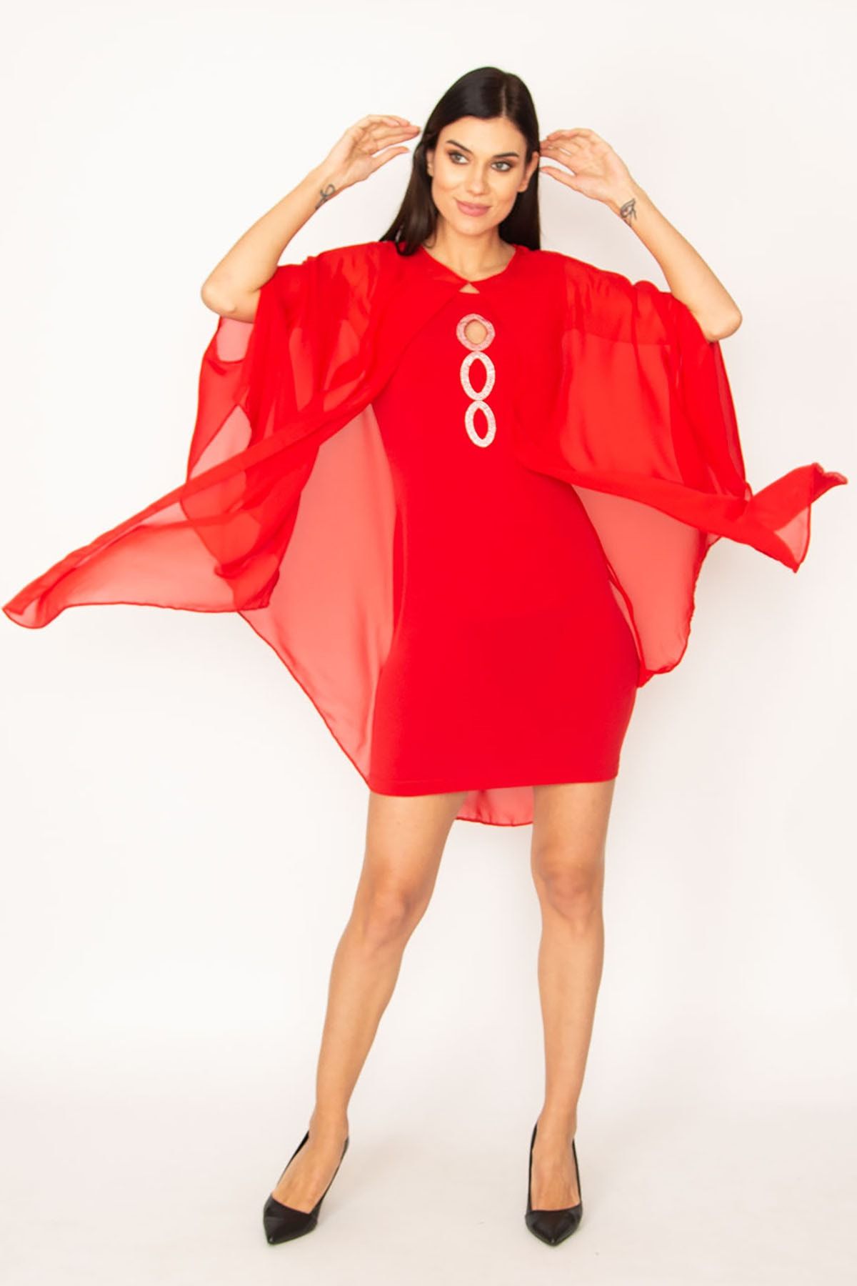 Şans Tekstil Kadın Kırmızı Taş Ve Şifon Pelerin Detaylı Elbise 26a19194