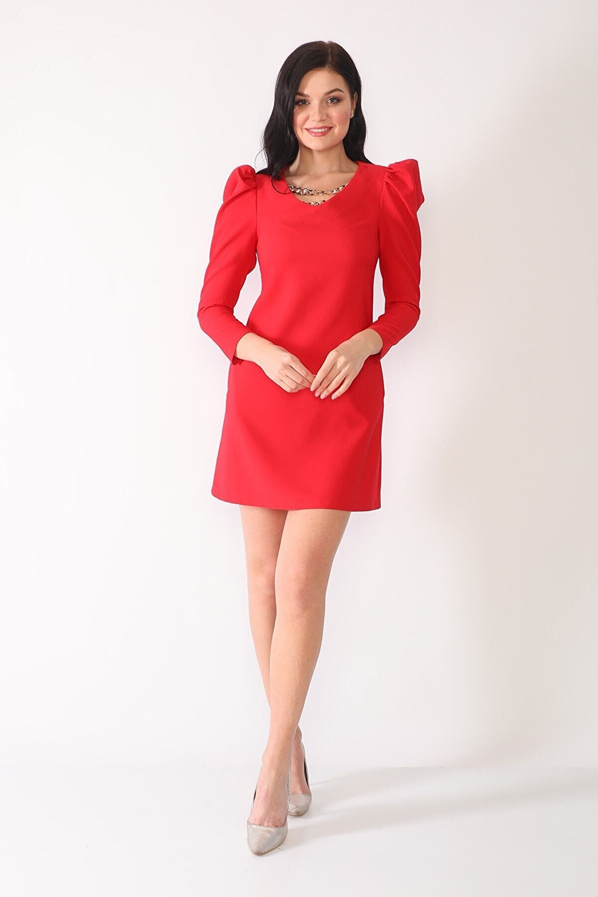 Element's Kadın Kırmızı Büzgülü Kabarık Kollu V Yaka Detaylı Mini Elbise